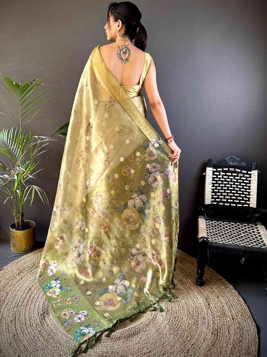 Pista Tissue Digital Floral Saree