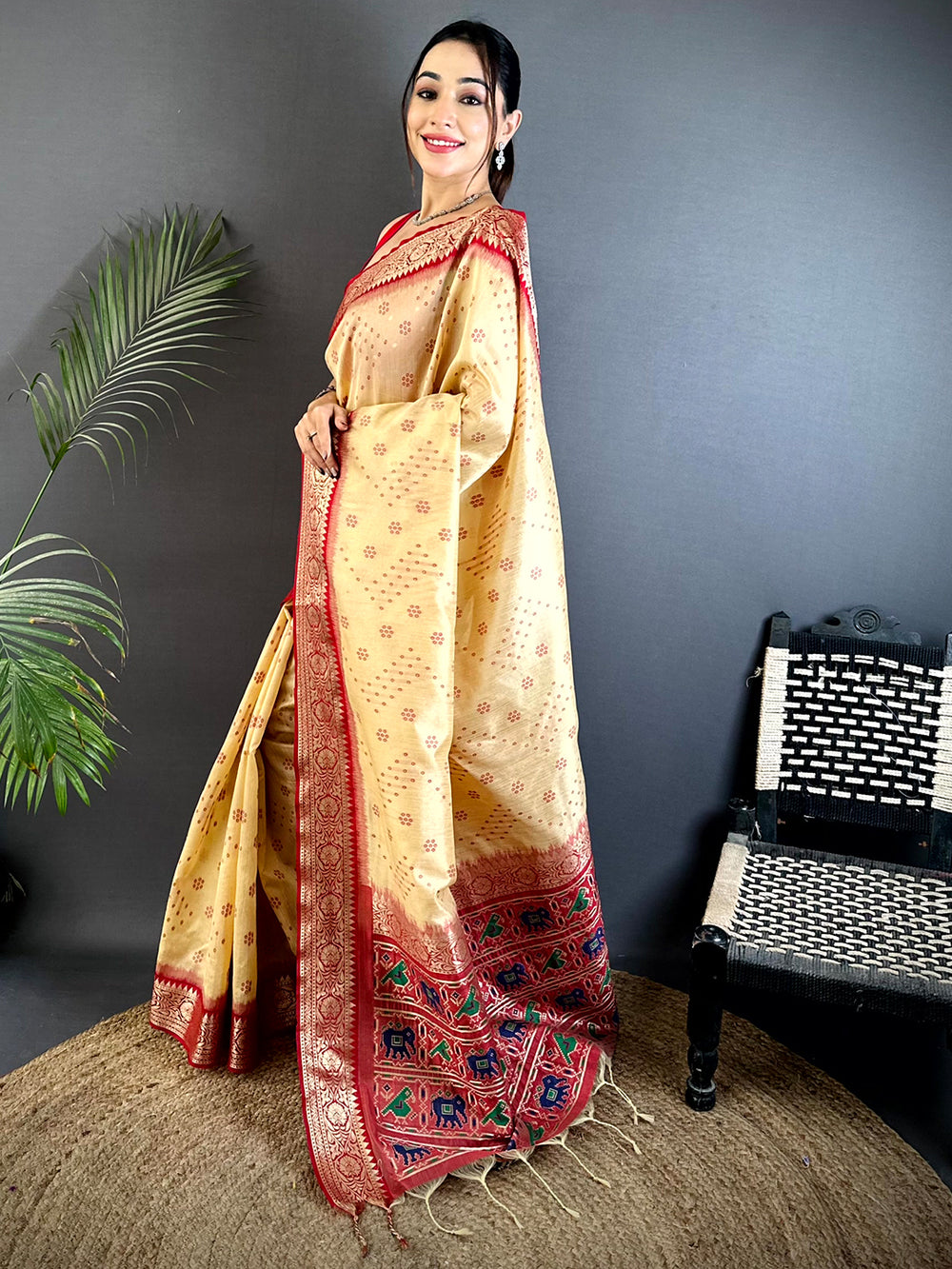 Cream Bandhej Pochampally Raw Silk Saree