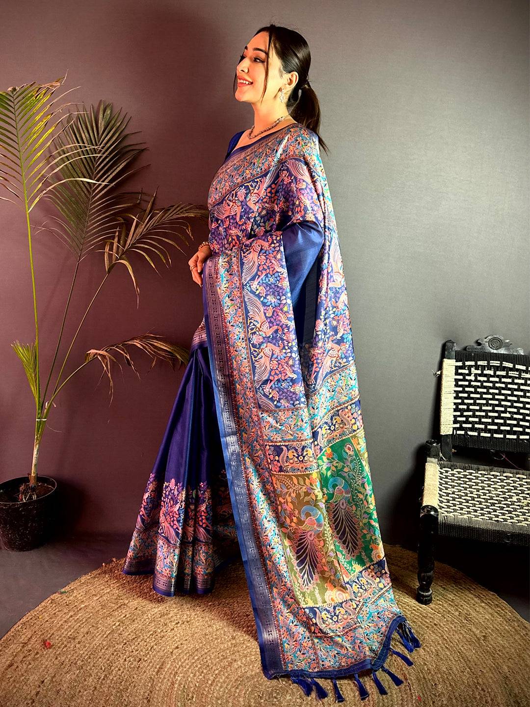 Royal Blue Kashmiri Kalamkari Soft Silk Saree