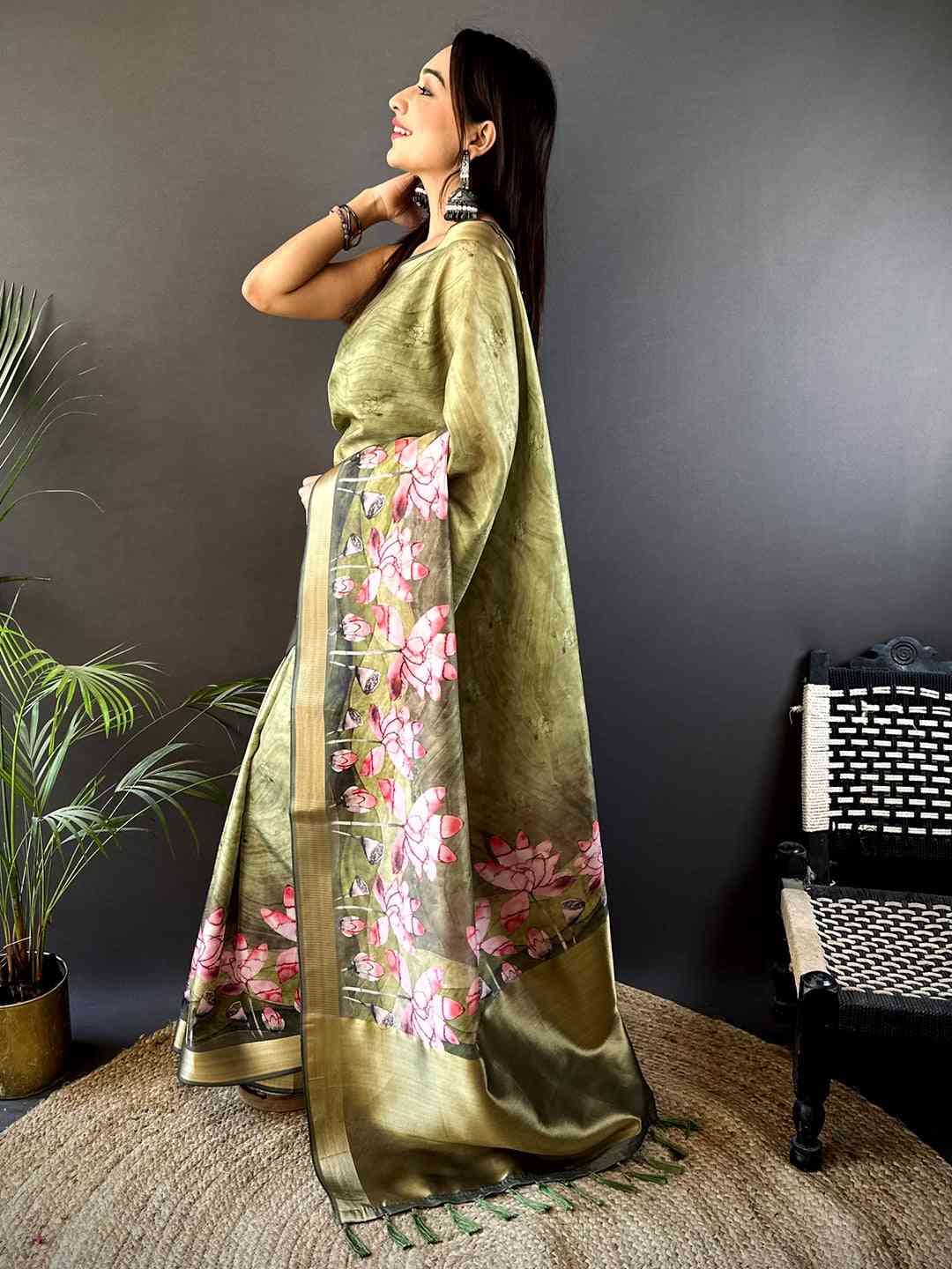 Olive Floral Grace Soft Silk Tissue Saree