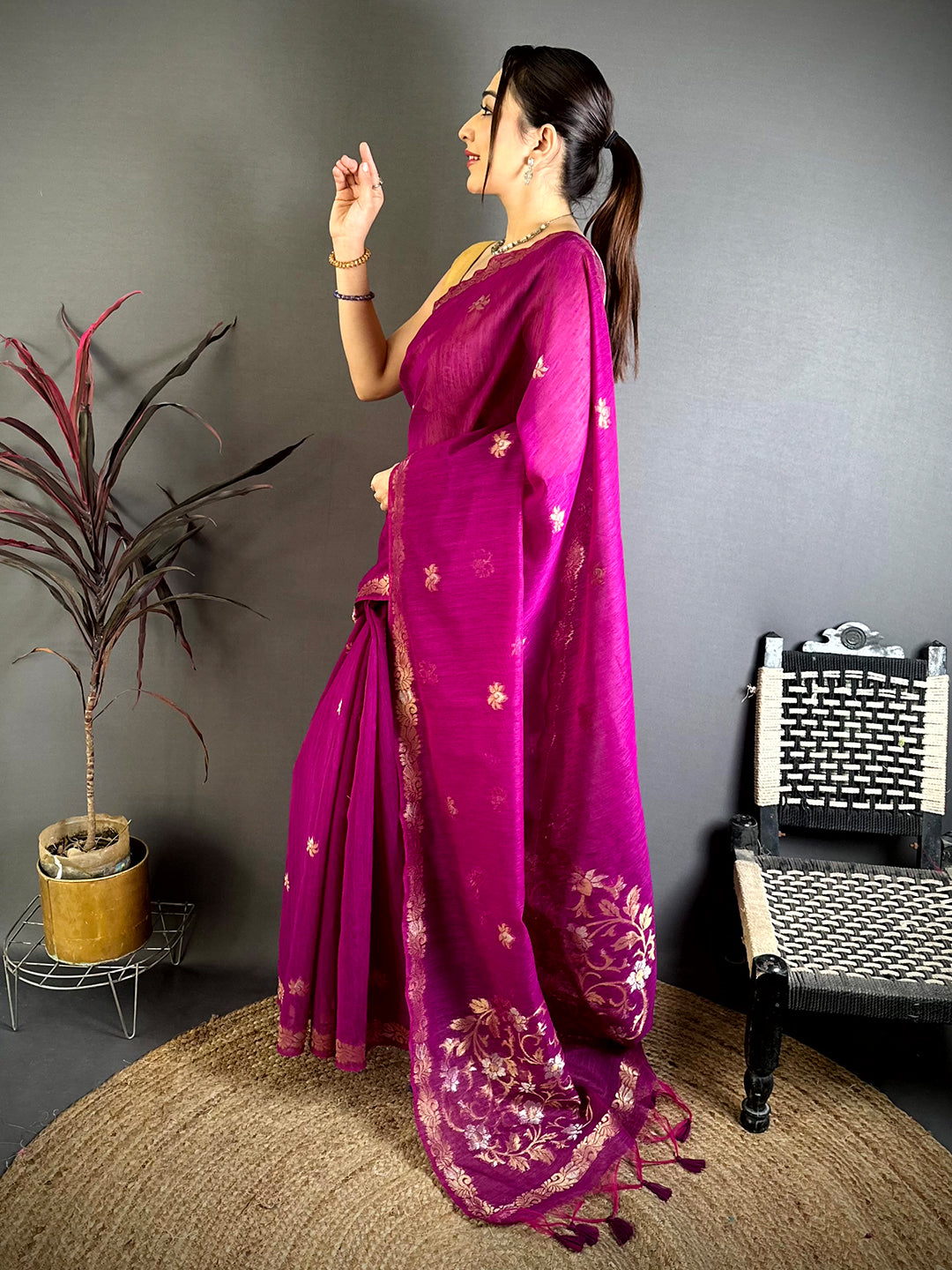 Wine Sona Chandi Muga Cotton Saree
