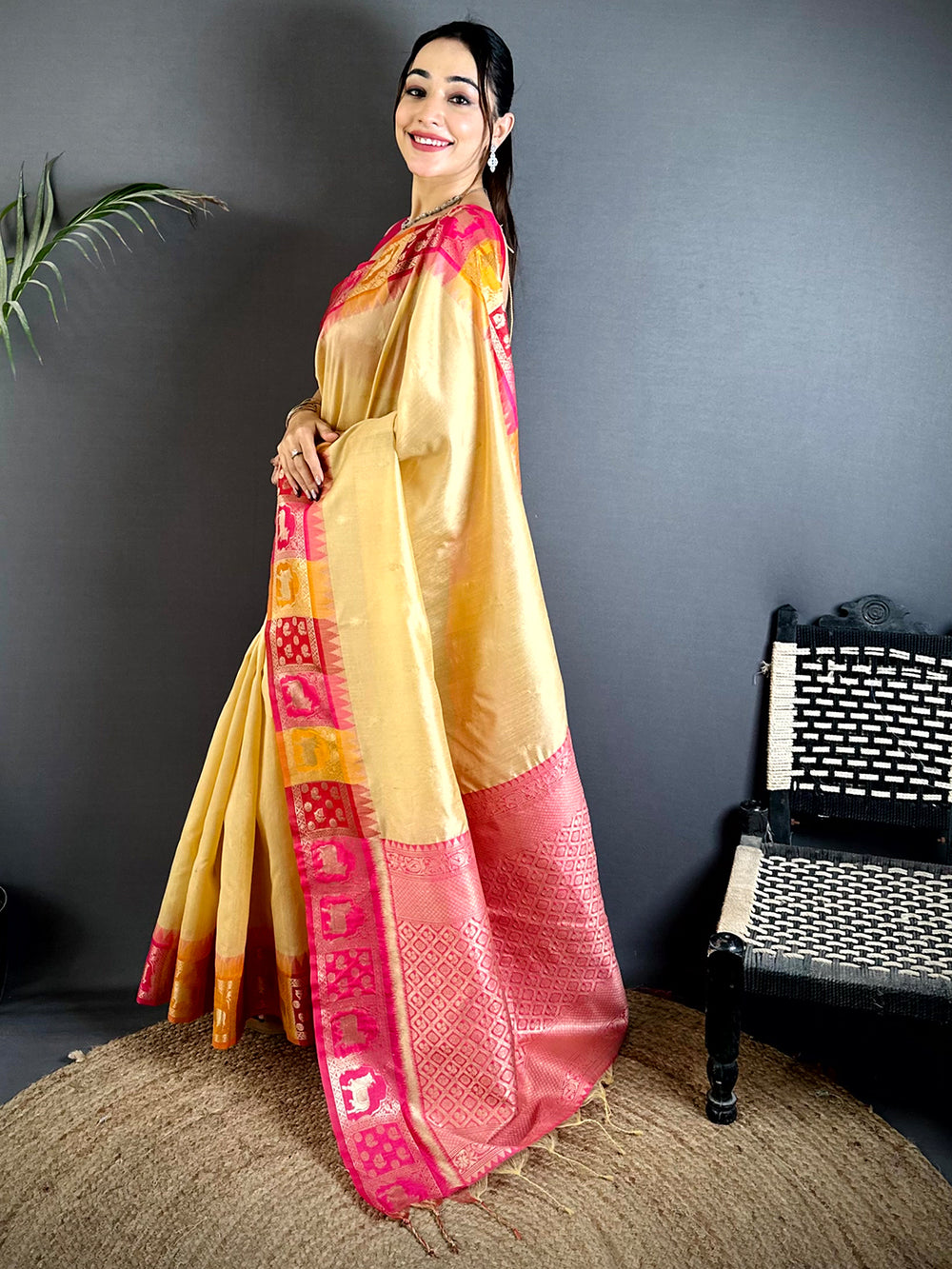 Cream Minakari Kanchi Pattu Raw Silk Saree