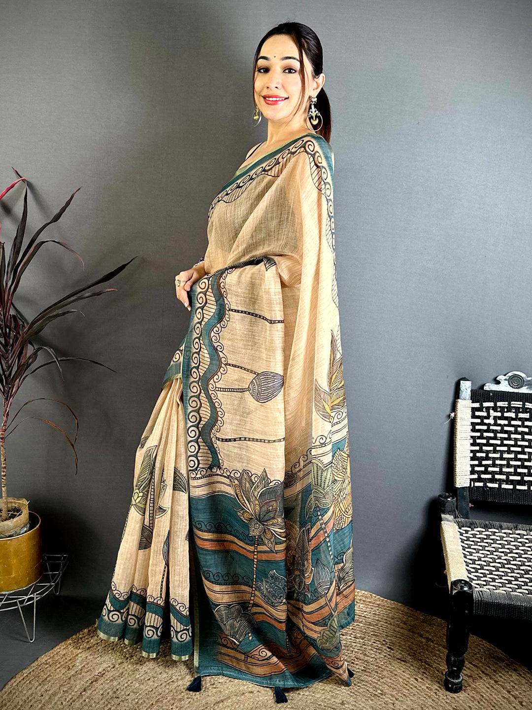 Heritage Freehand Kalamkari Linen Saree