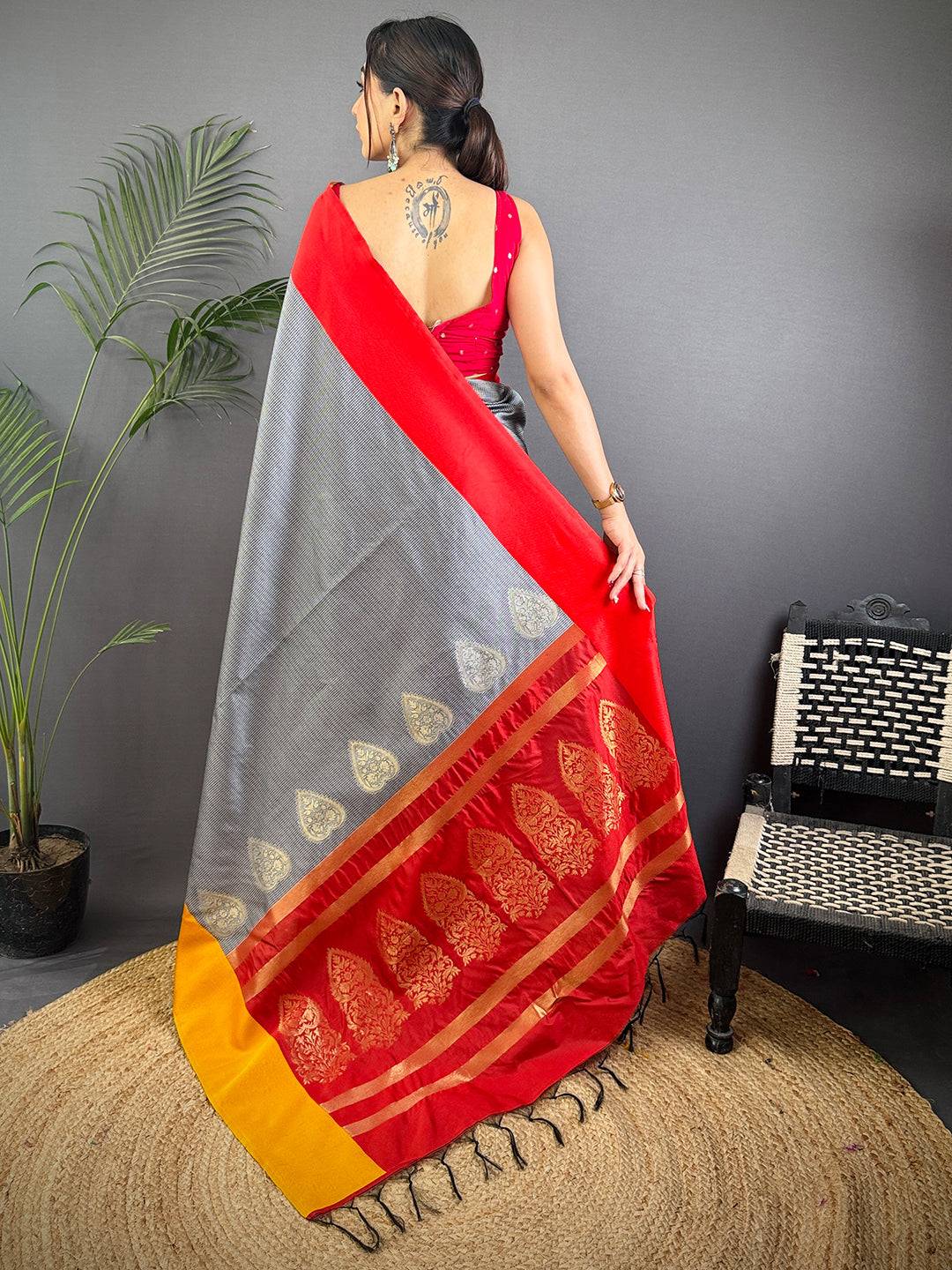 Grey Soft Katan Silk Banarasi Saree
