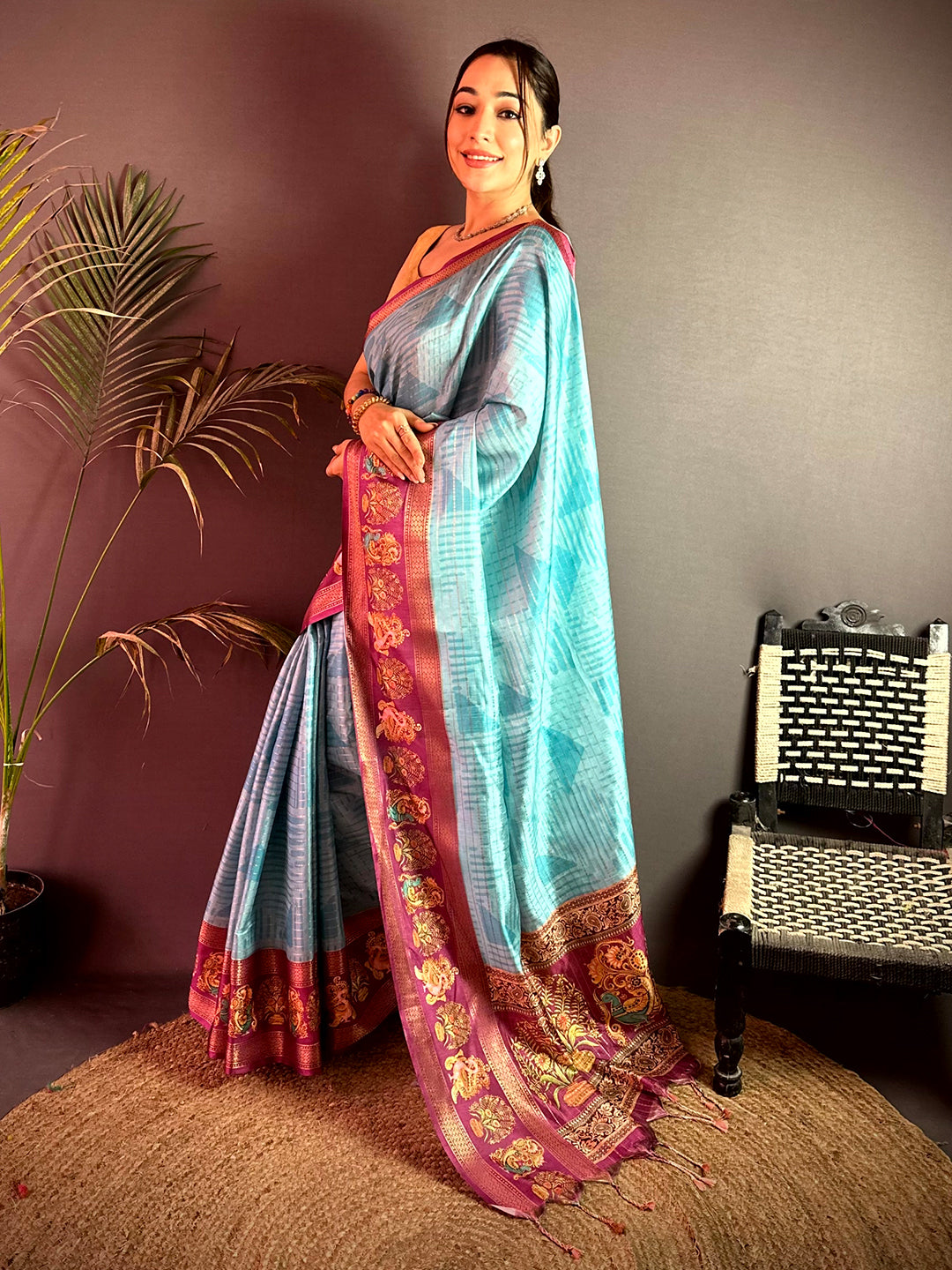 Opulent Tanjore Geometric Semi Silk Saree