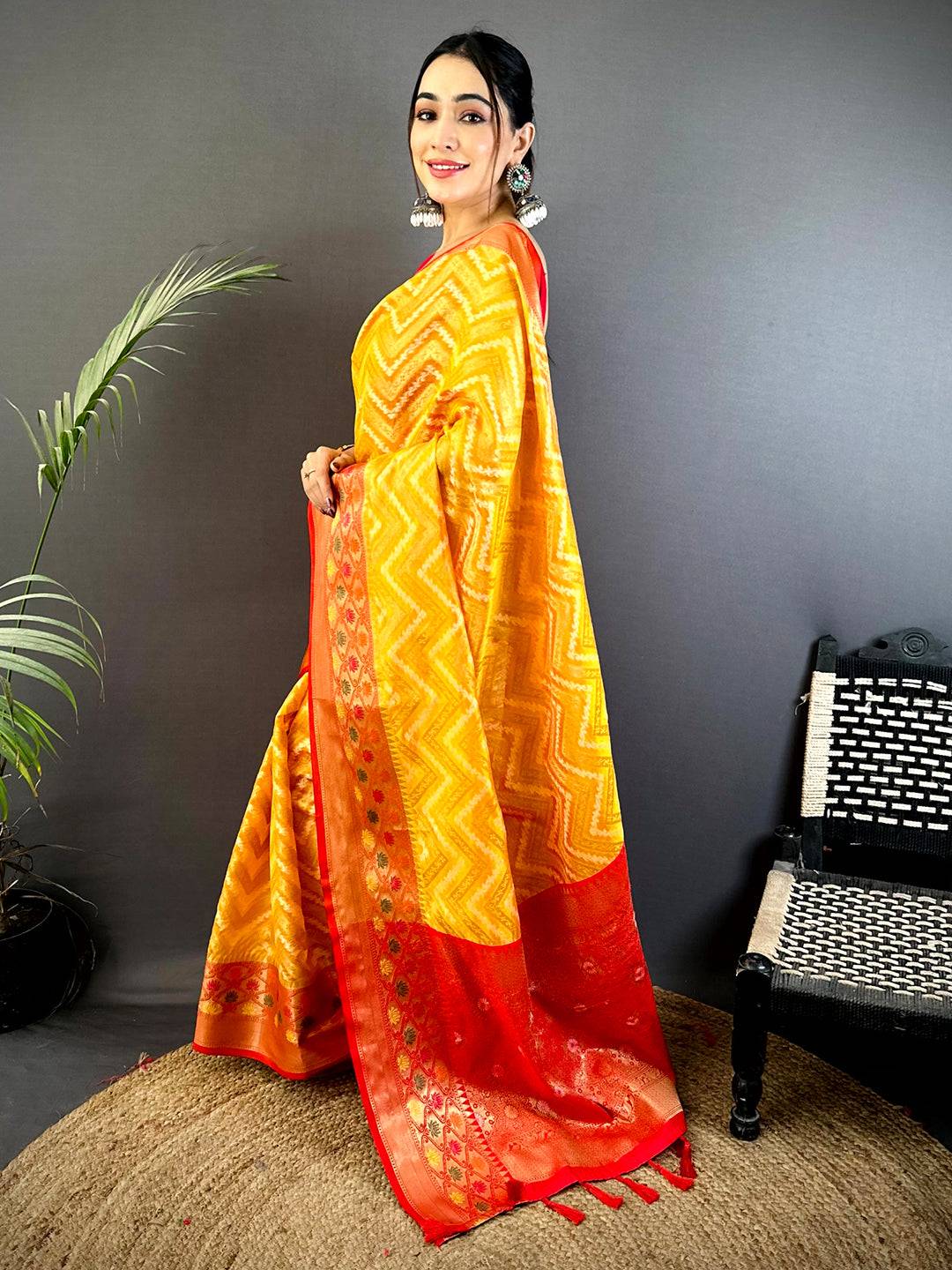 Yellow Banarasi Zic Zac Katan Silk Saree