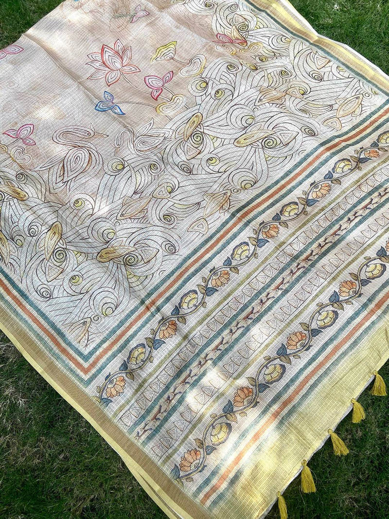 Yellow Soft Kota Doriya Silk Saree With Flower Kalamkari Print