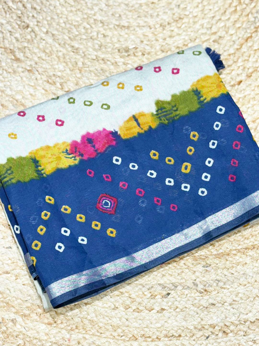 Blue Mul Cotton Bandhej Print Saree