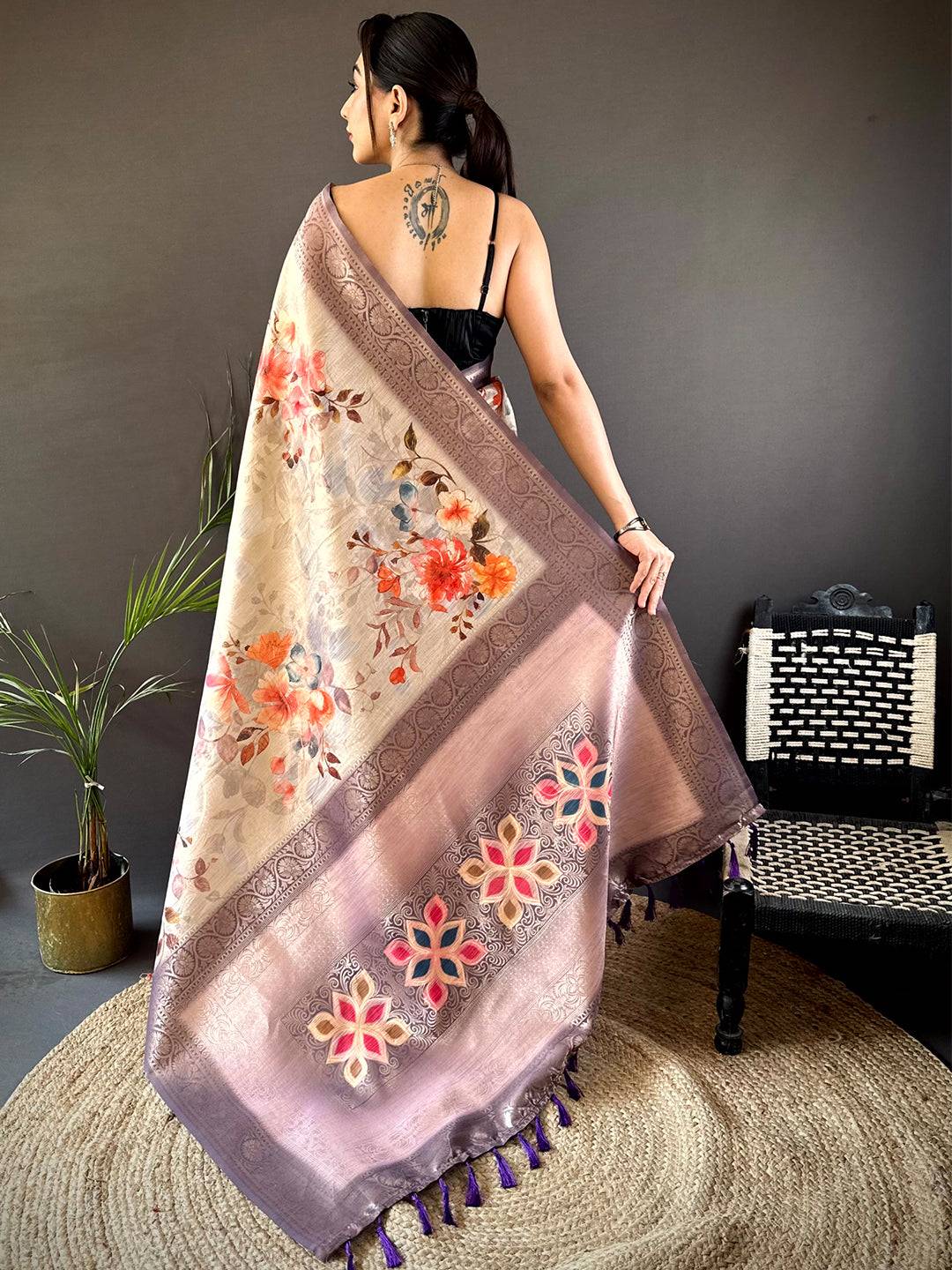 Ivory Slub Ghicha Placement Print Saree