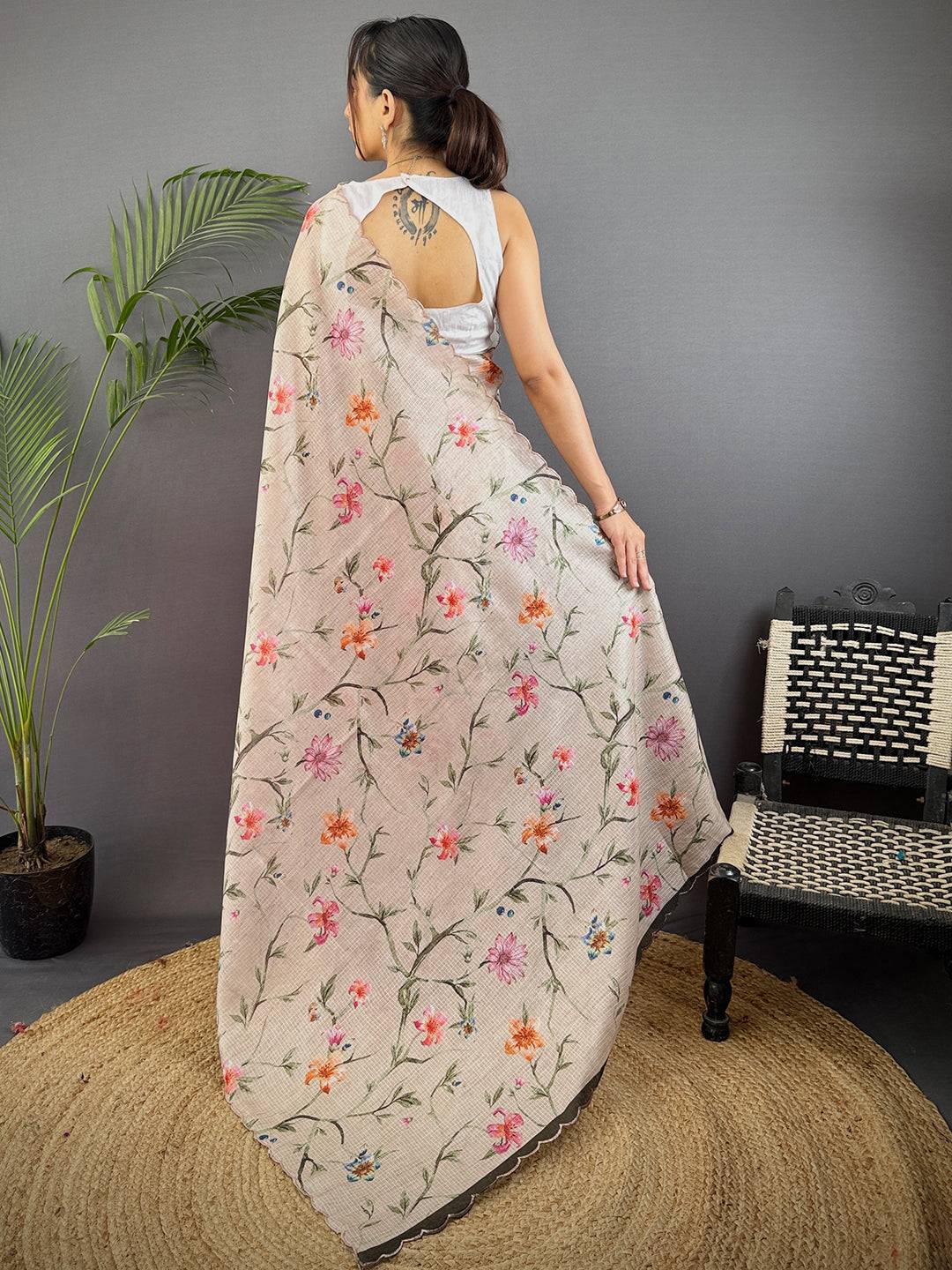 Beige Soft Kota Floral Print Saree