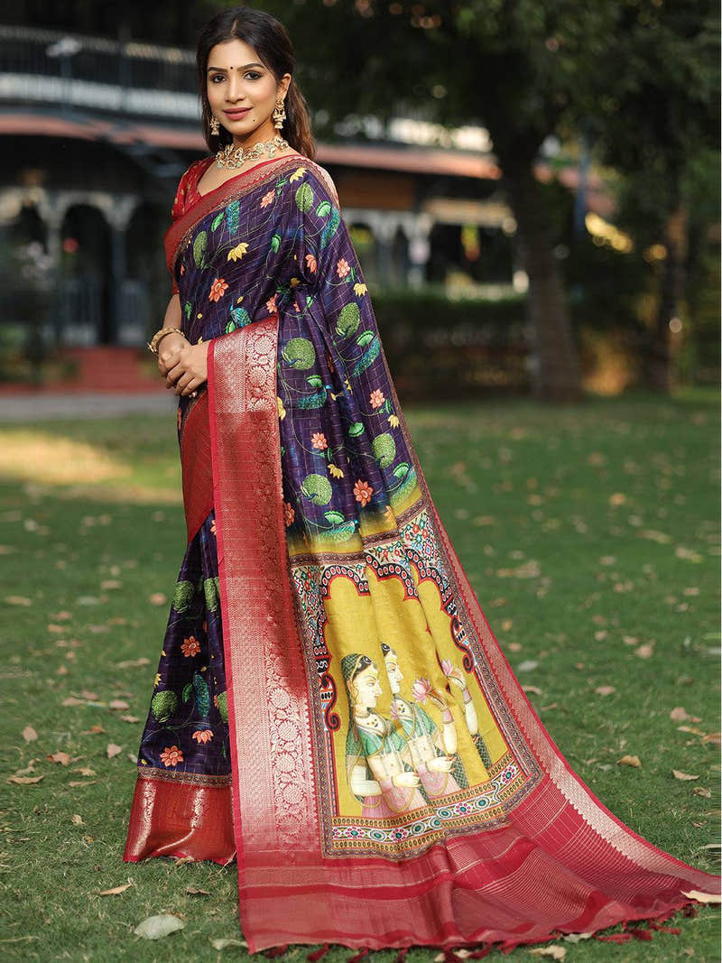 Navy Colour Viscose Dola Silk Saree With Mughal Motifs - Luxe