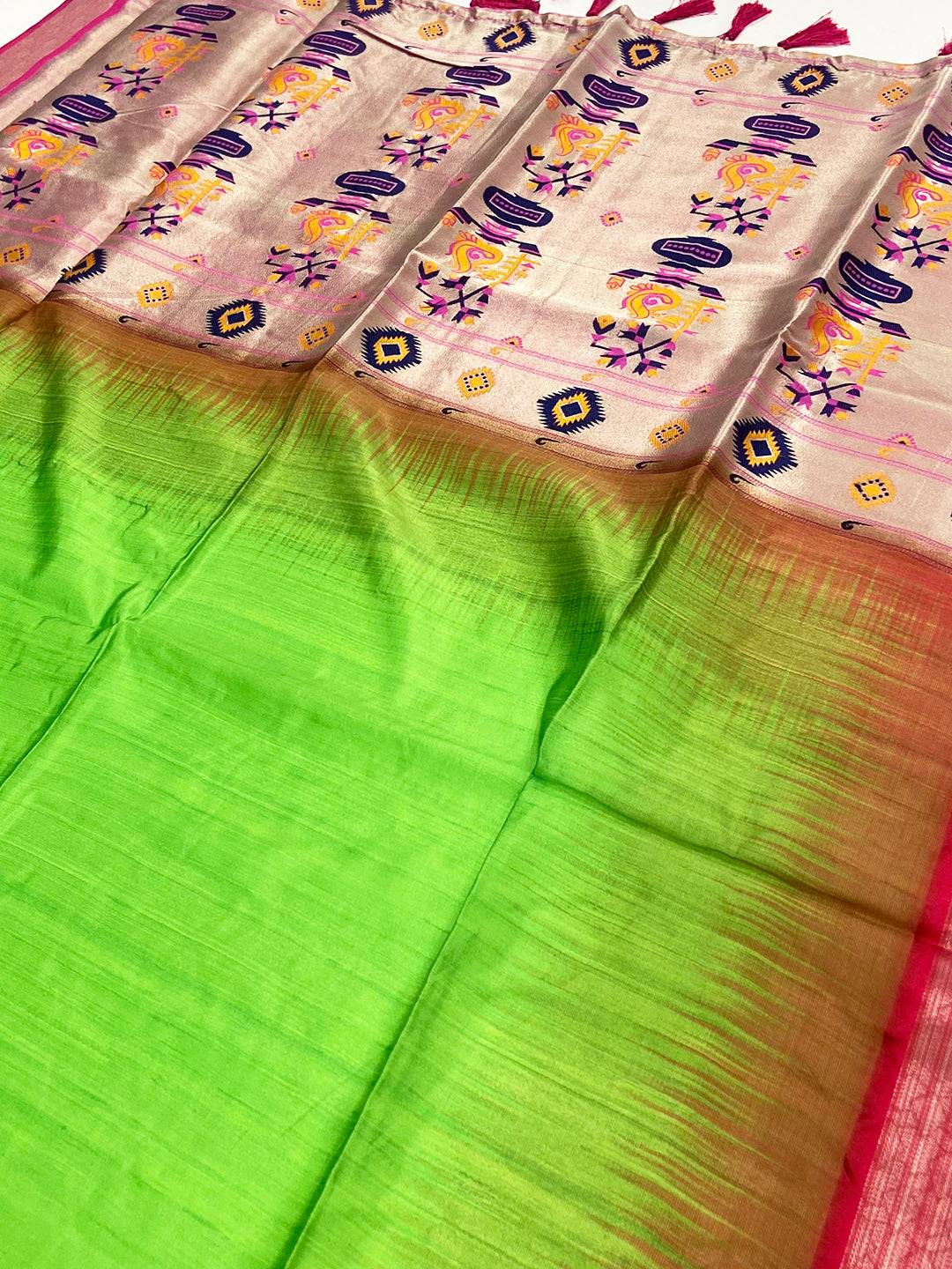 Parrot Green Geometric Floral Pallu Saree