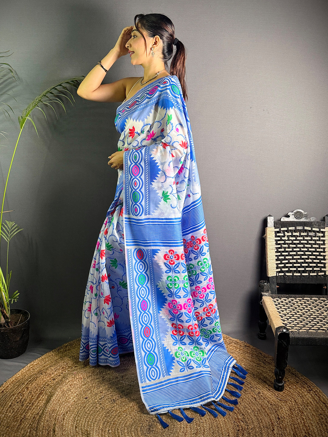 Sky Blue Dhakai Jamdani Soft Cotton Silk Saree