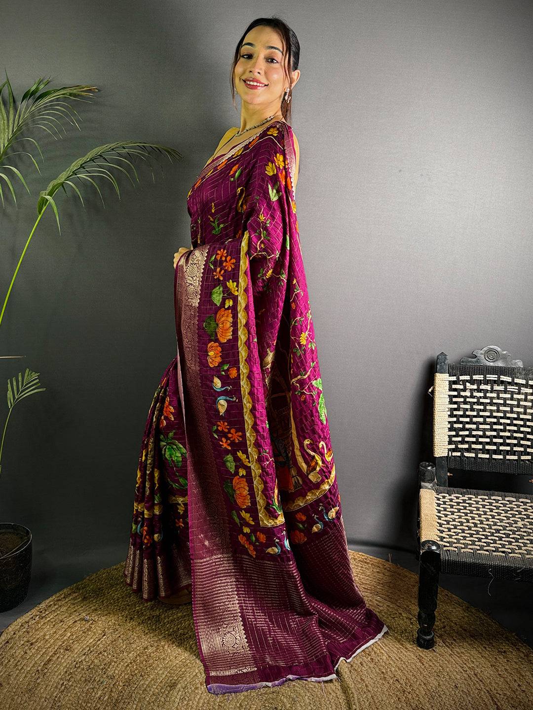 Deep Purple Pure Viscose Kalalmkari Print Saree