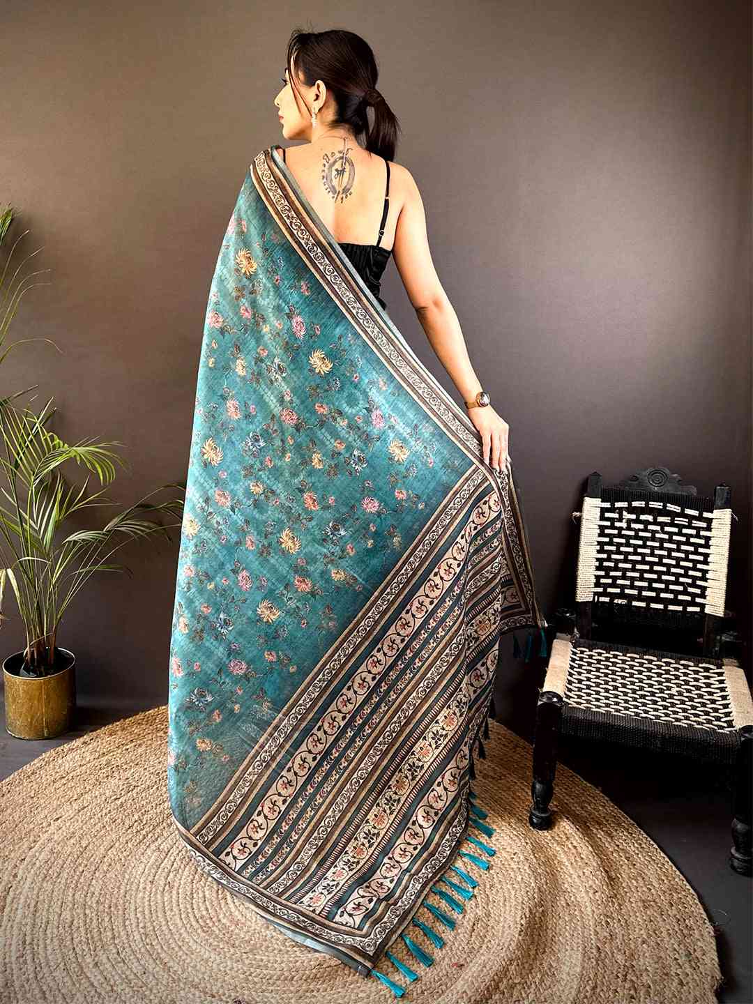 Teal Gold Zari Chanderi Phulkari Saree
