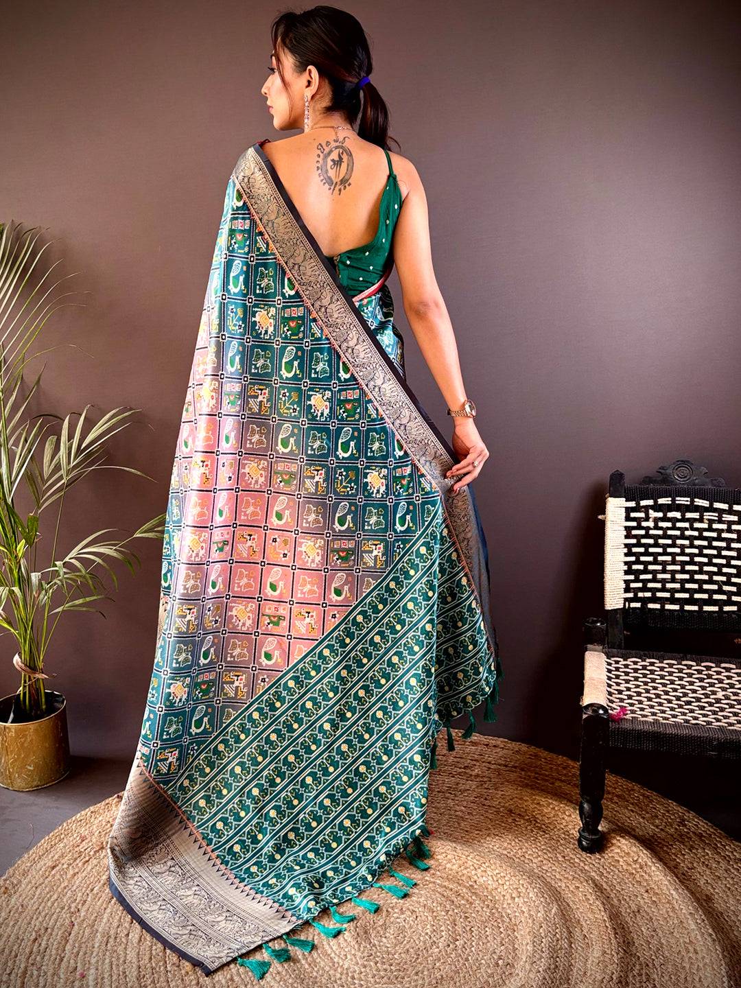 Back view of Ombre Rama Soft Silk Saree with Patola print