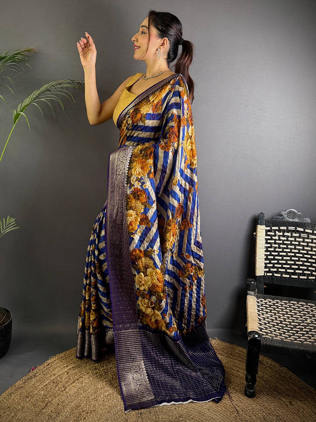 Royal Blue Floral Printed Viscose Saree