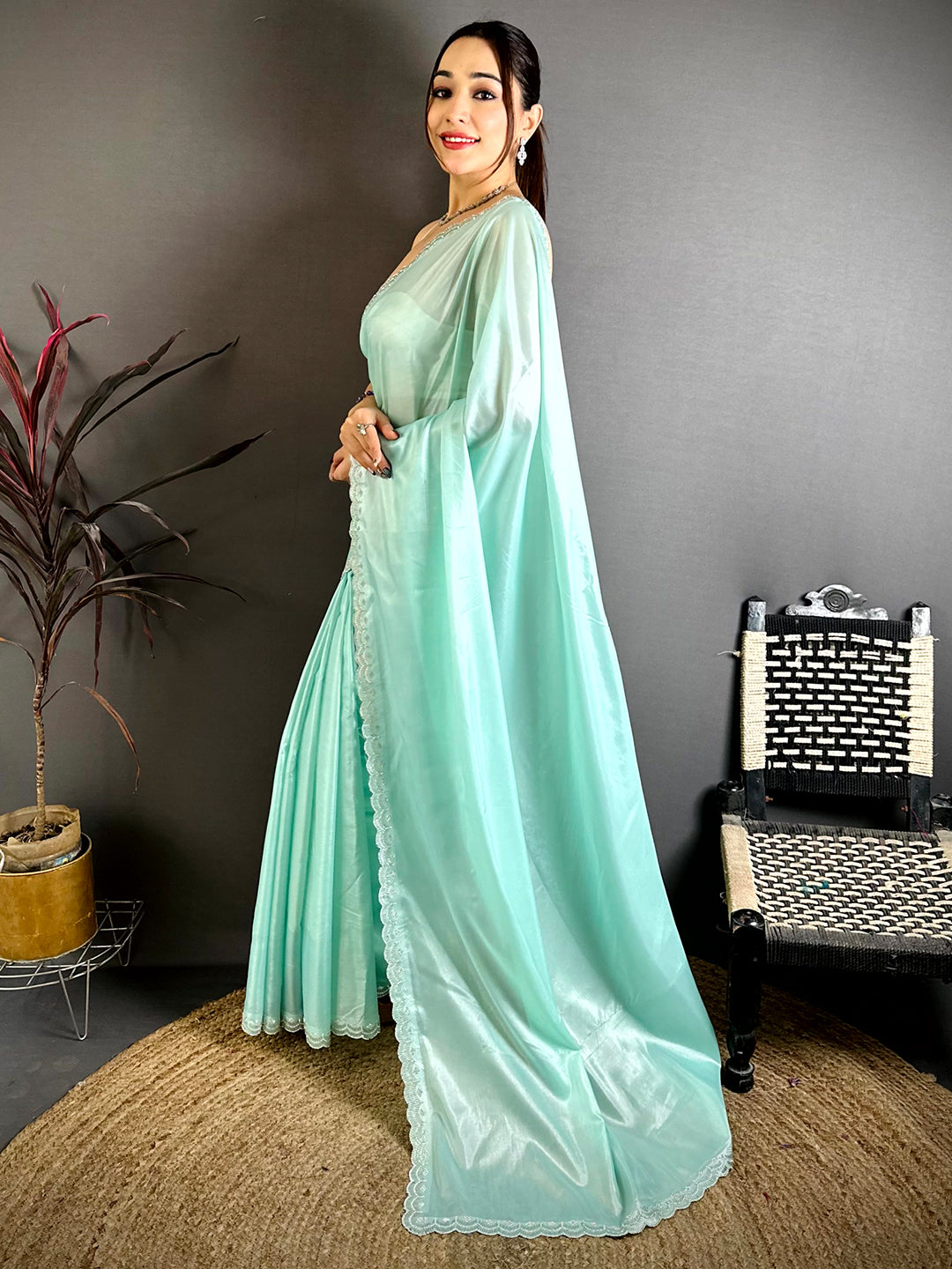 Regal Silver Glass Swarovski Silk Saree