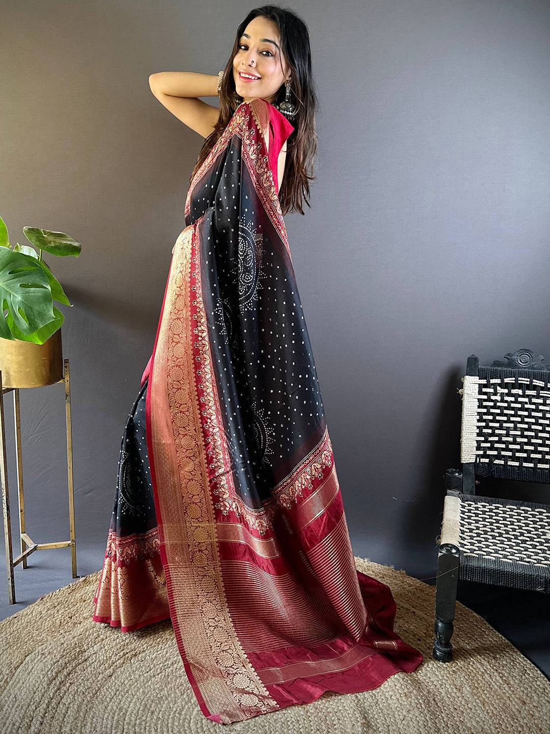 Black Graceful Bandhej Silk Saree