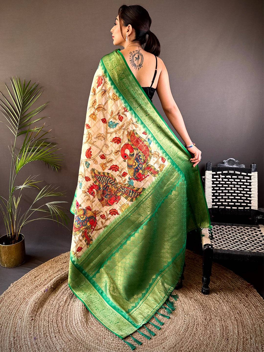 Green Banarasi Silk Pen Kalamkari Saree