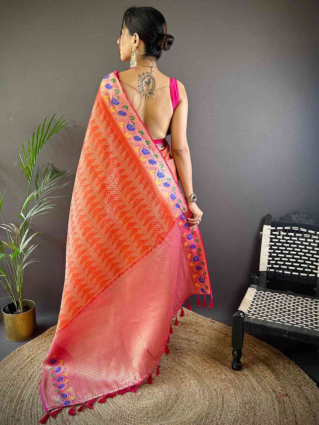 Kora Silk Banarasi Digital Print Saree In Red Colour
