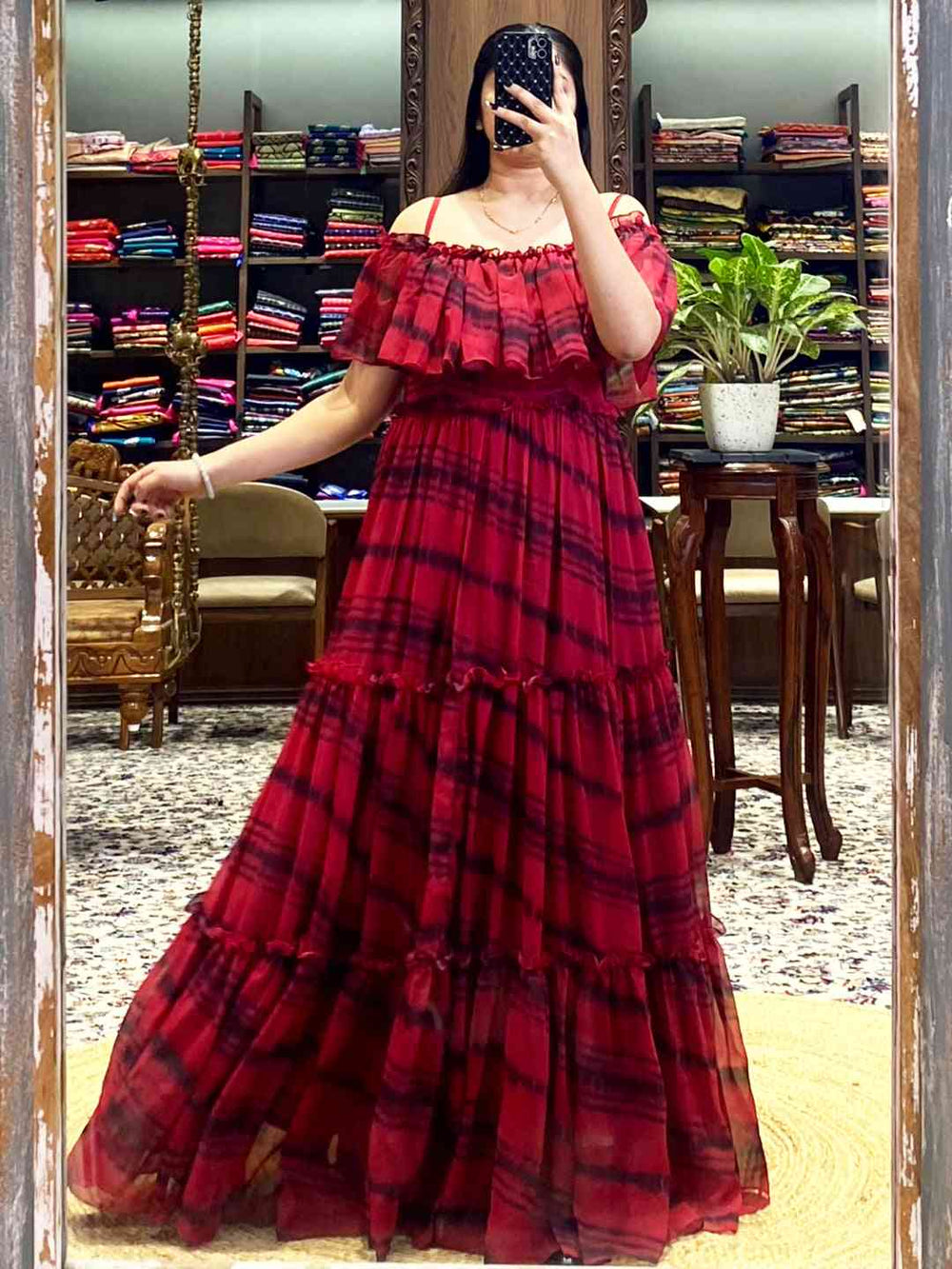 Tartan Print Off-Shoulder Ruffle Dress