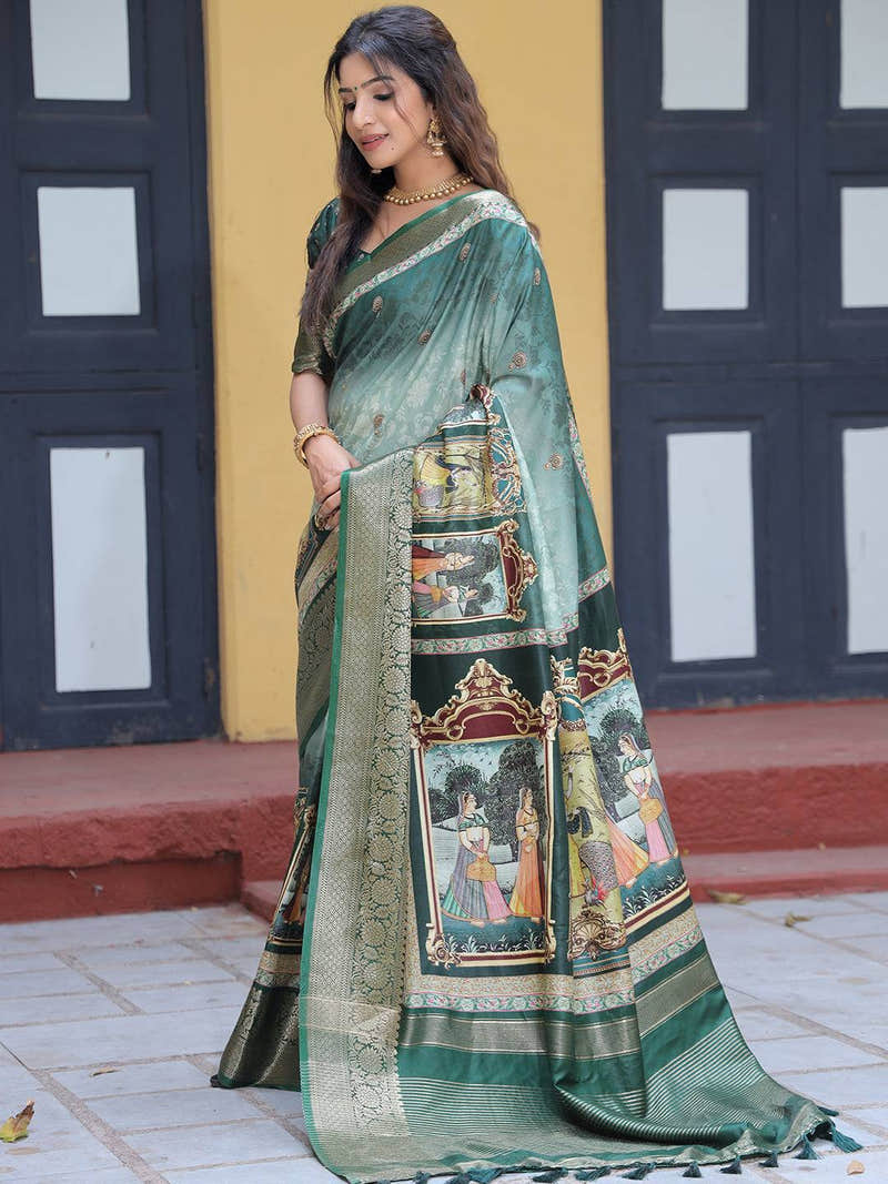 Viscose Dola Silk Saree With Zari Weaving Pallu In Green Colour - Luxe