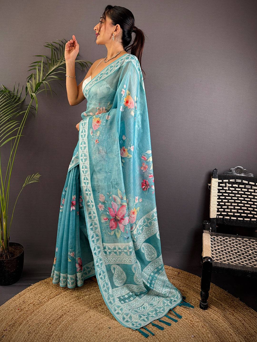Sky Blue Lakhnavi Linen Digital Print Saree