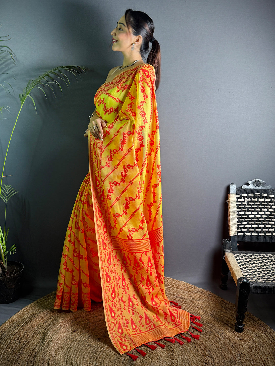 Traditional Yellow Dhakai Jamdani Saree