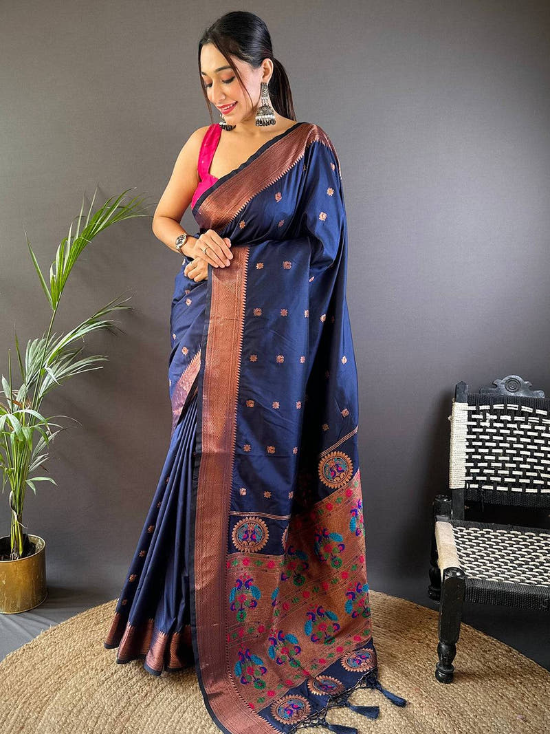 Navy Blue Copper Elegance Soft Silk Saree