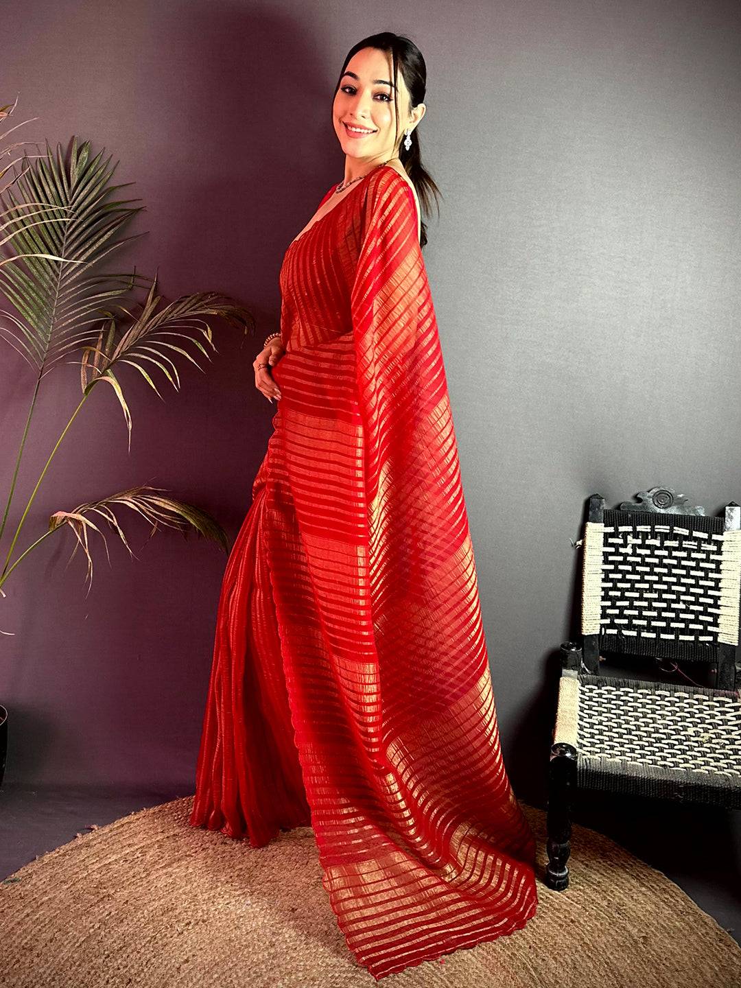 Ethereal Gold Zari Striped Chiffon Saree