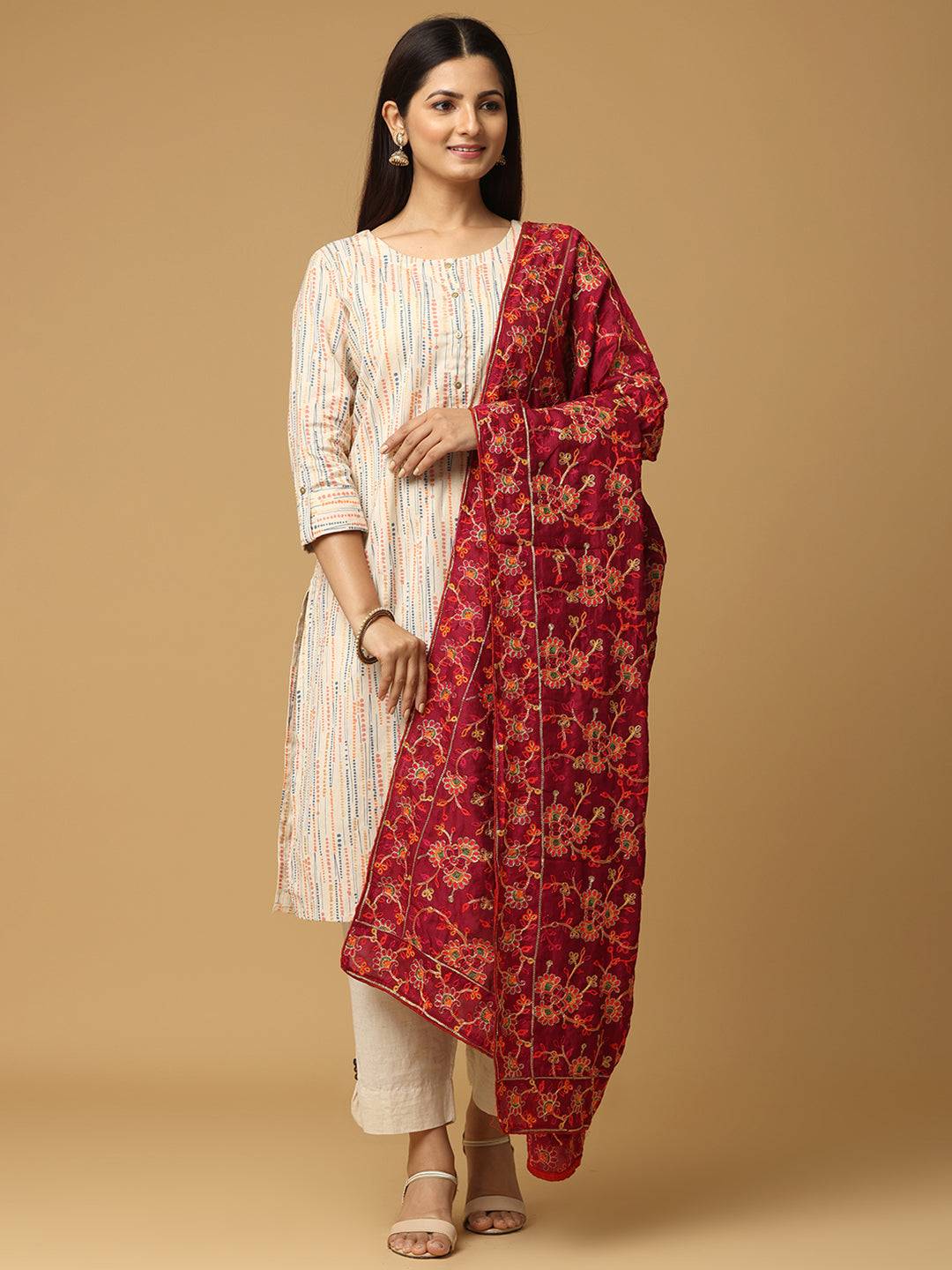 Front view of wine color pashmina threadwork dupatta