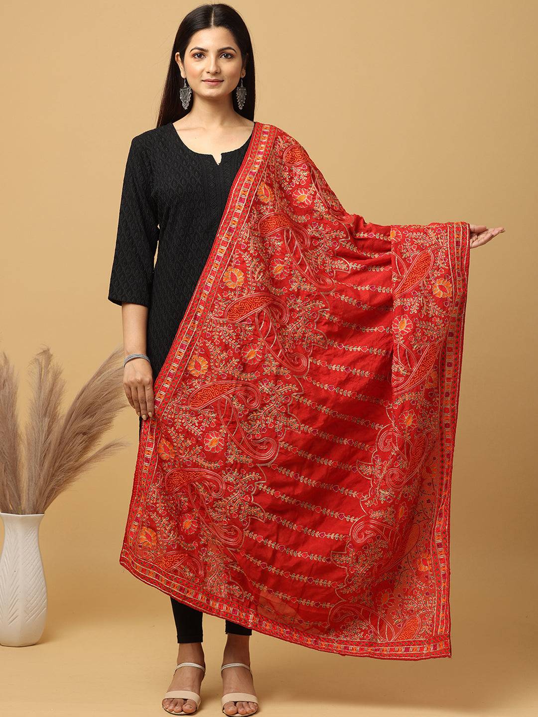 Red poly chiffon pashmina dupatta with threadwork design
