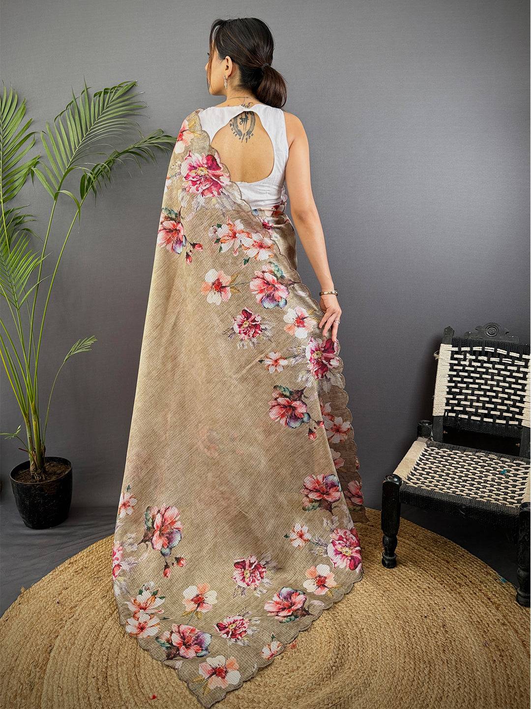 Beige Kota Floral Digital Cut Work Saree