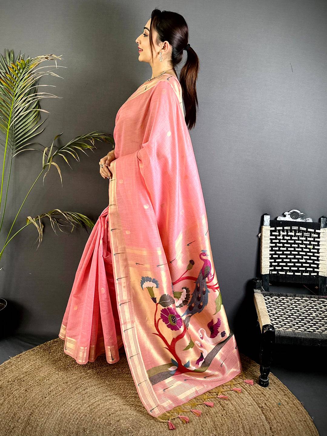 Peach Minakari Grace Khadi Linen Saree