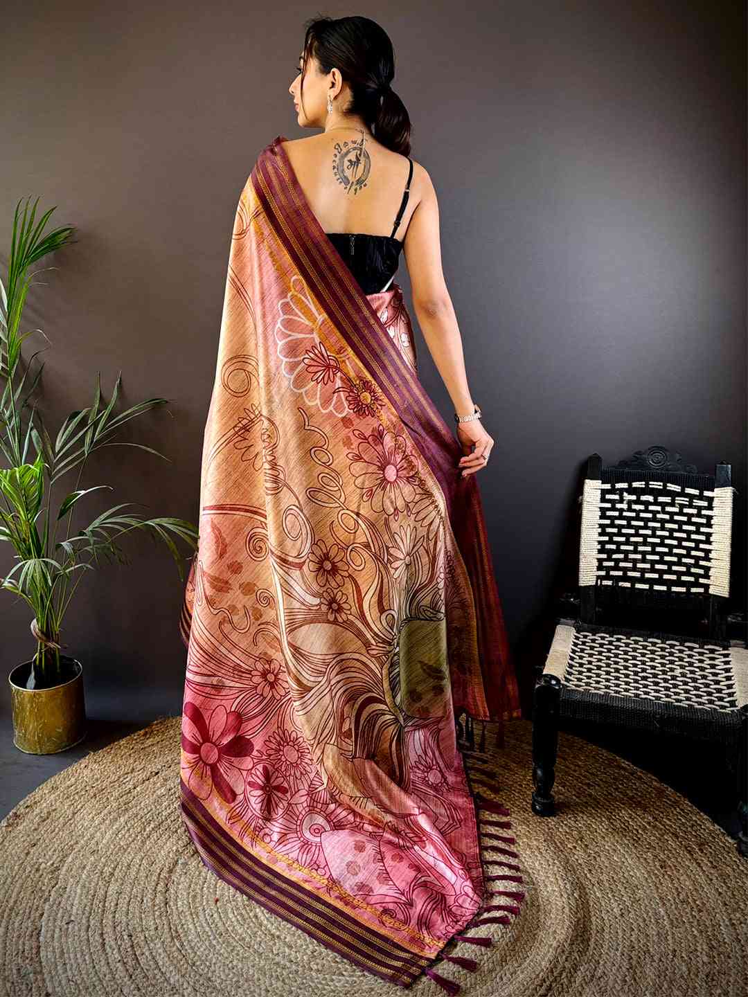 Peach Soft Silk Abstract Geometric Saree