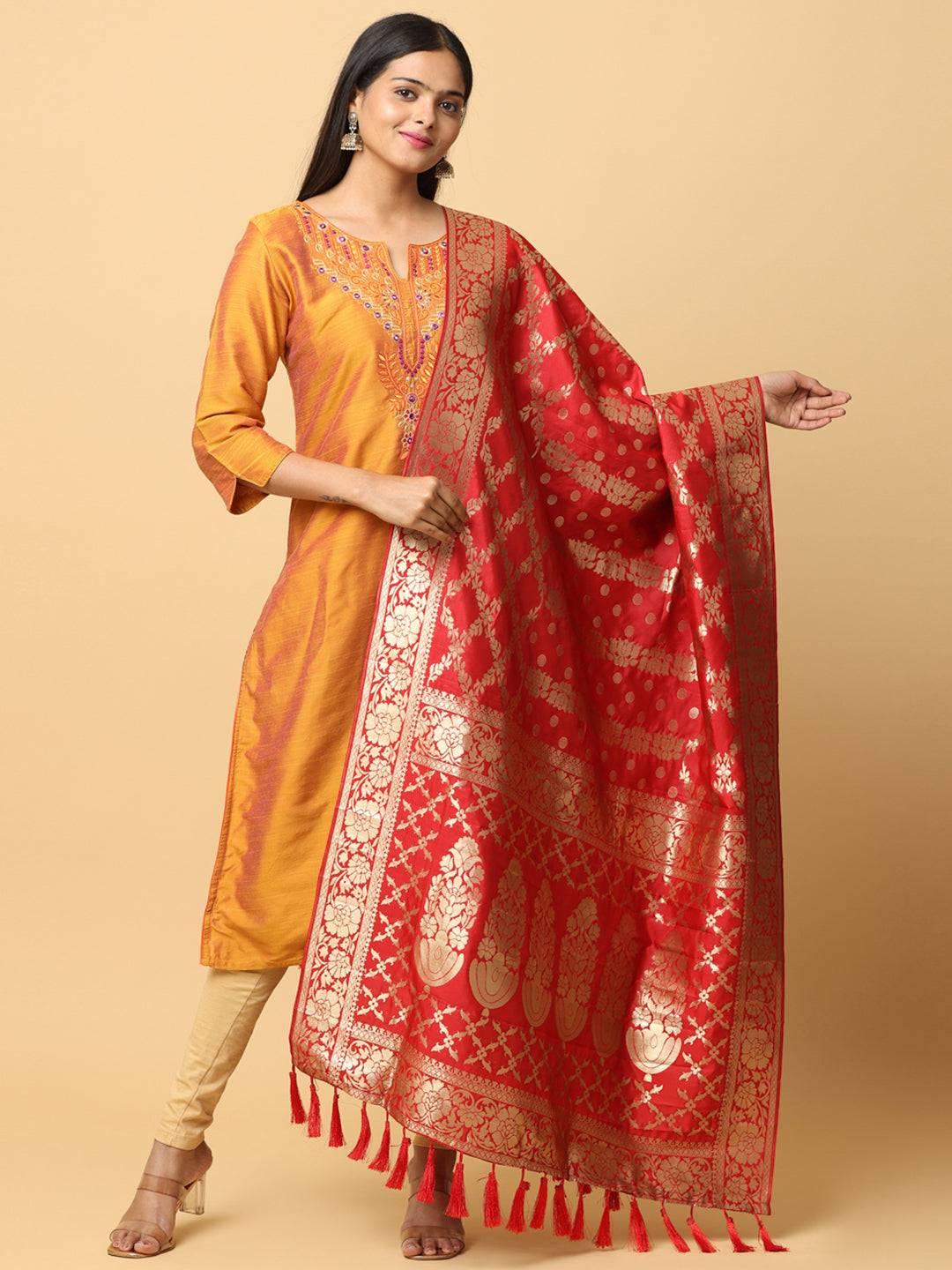 Red silk blend dupatta with intricate woven design