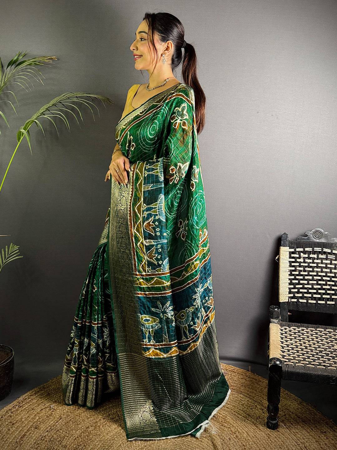 Green Pure Viscose Tribal Floral Print Saree