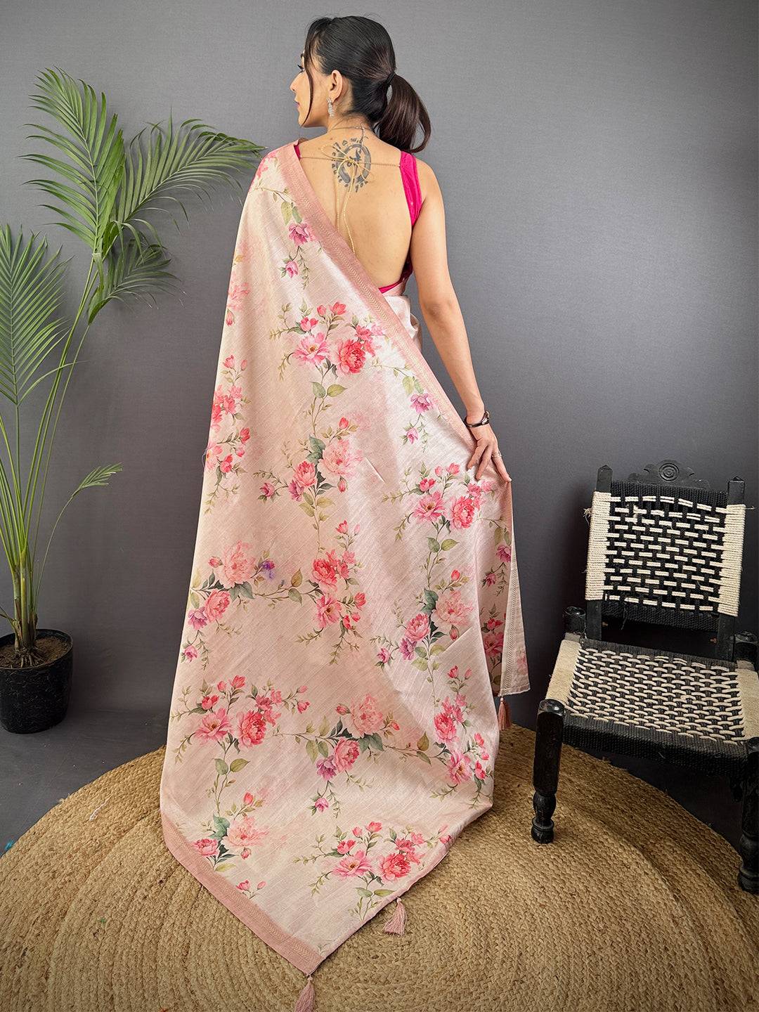 Light Pink Ghicha Leaf Print Saree