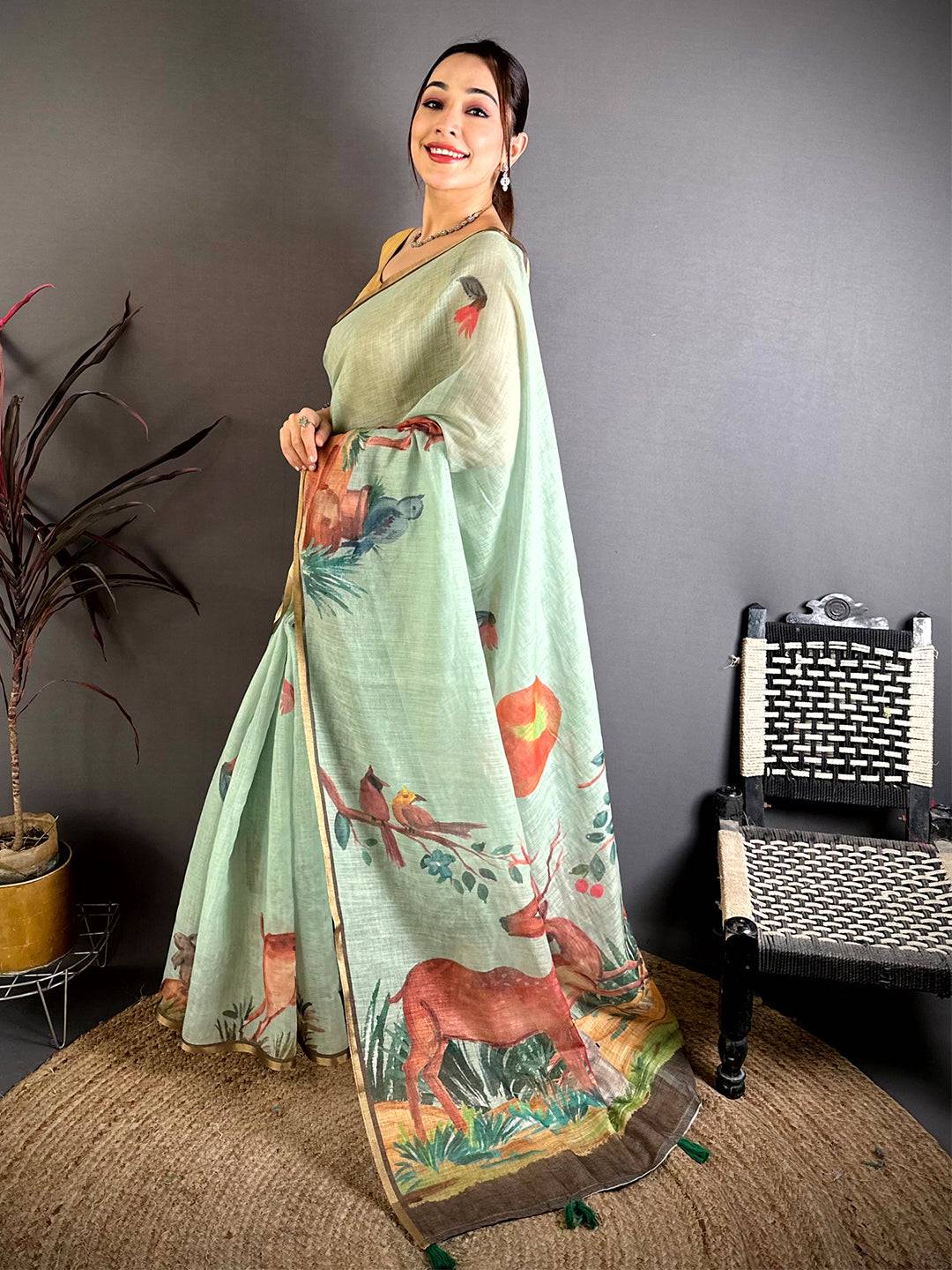 Mint Green Animal Print Linen Chanderi Saree
