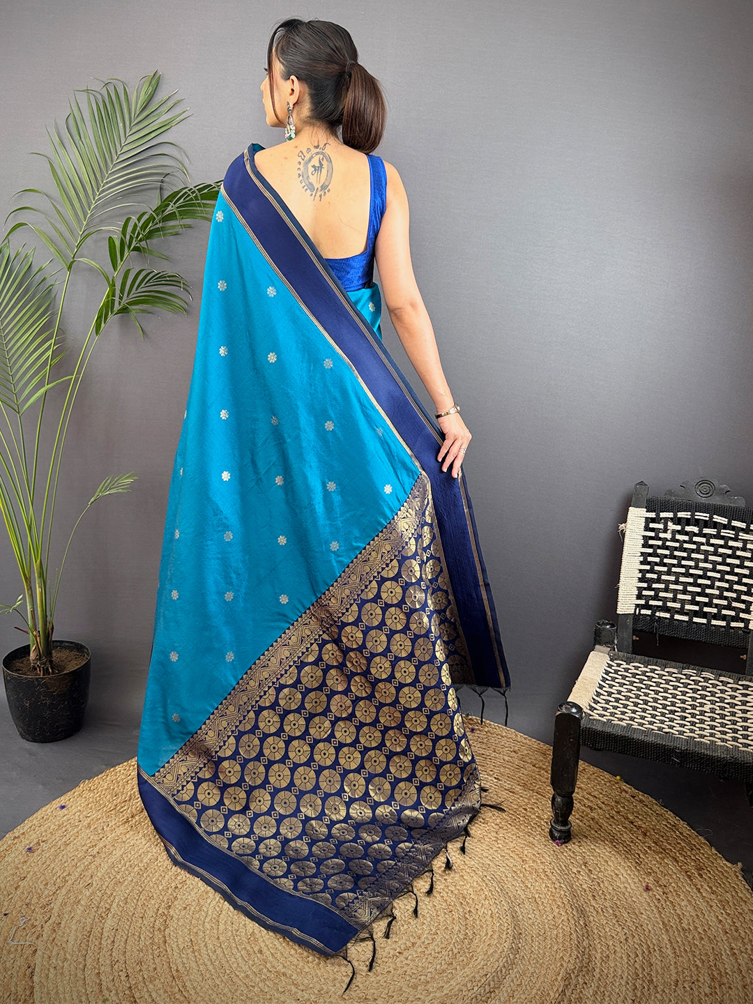 Teal Blue Silk Blend Floral Saree