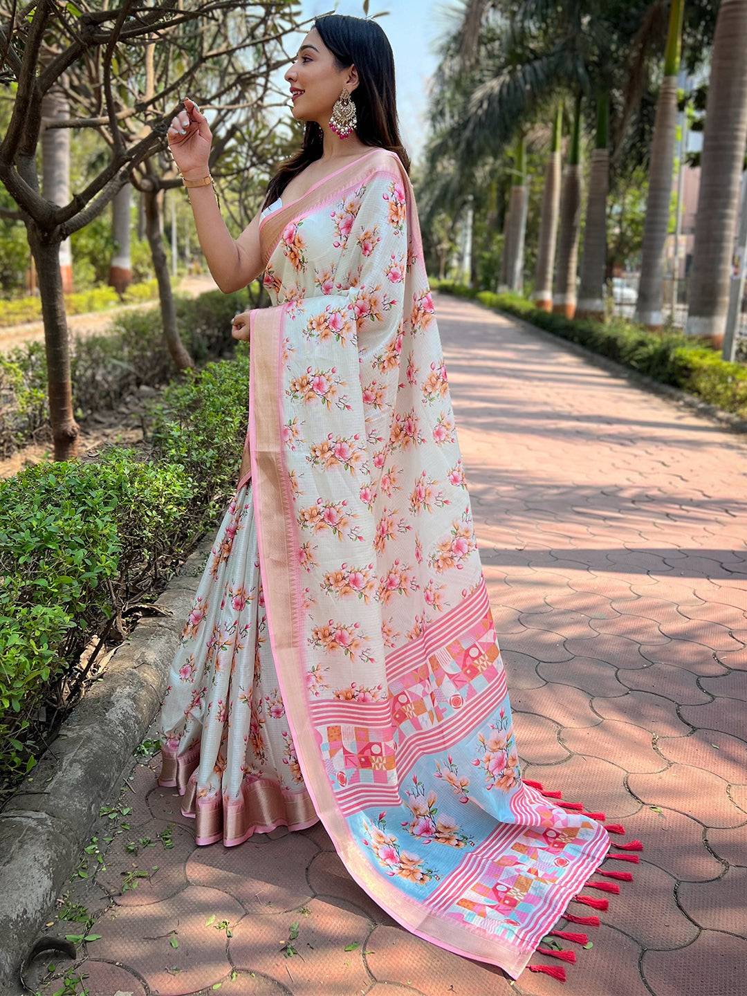 Elegant Floral Printed Kota Saree in Light Peach