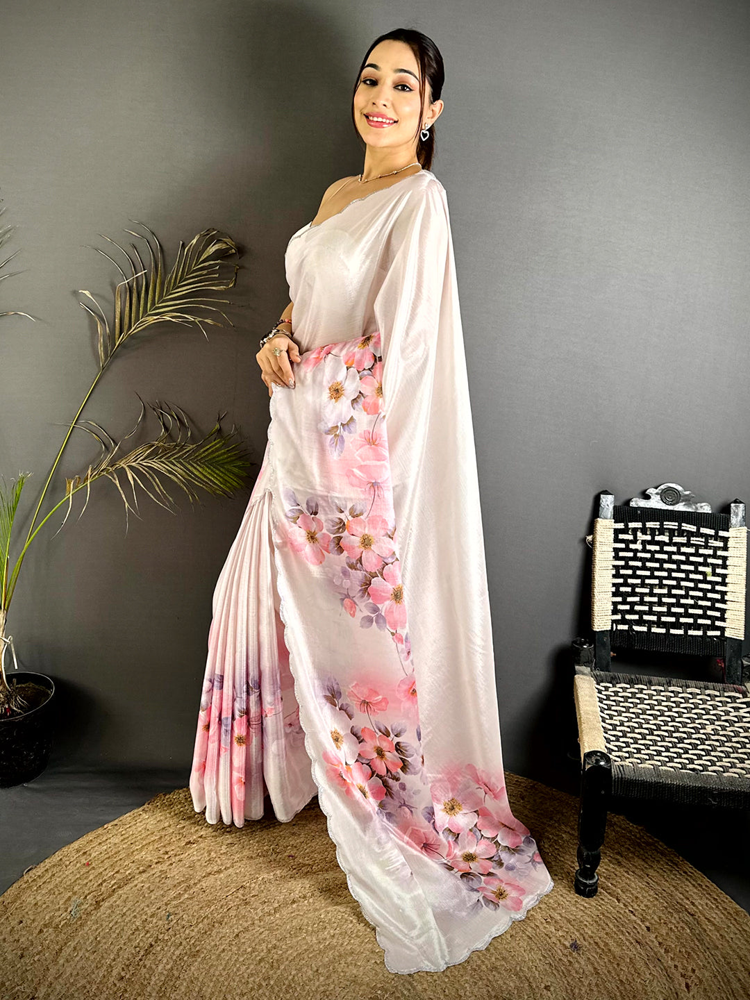 Classic Floral Print Chiffon Saree