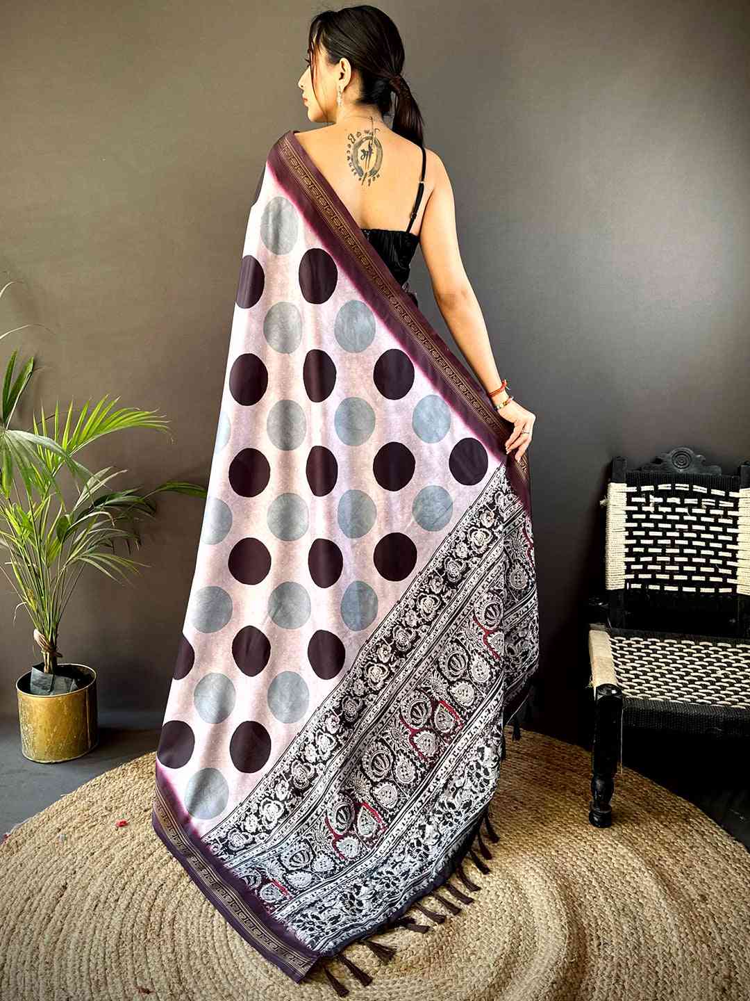 Lavender Soft Silk Polka Dot Print Saree
