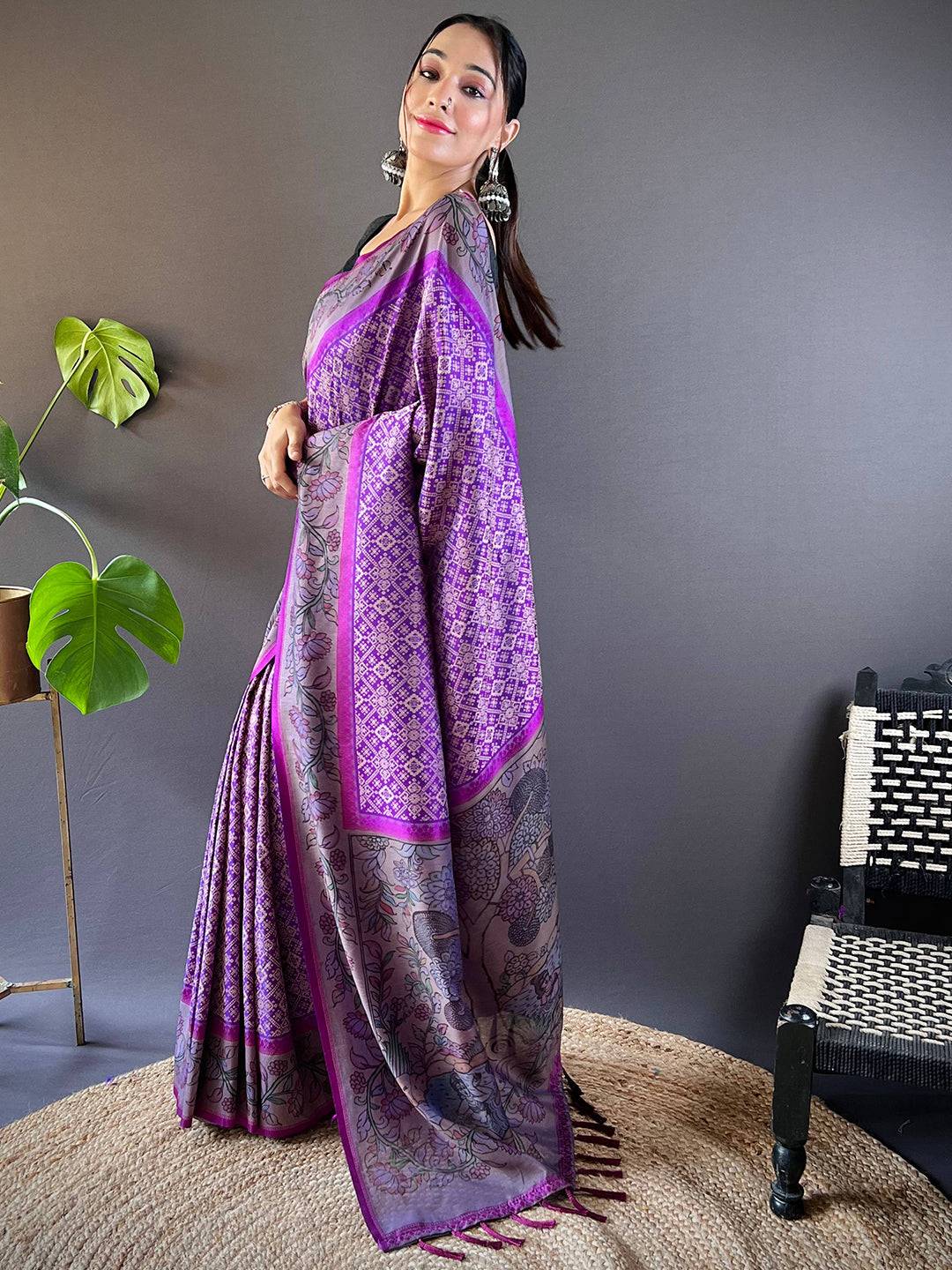 Orchid Patola And Kalamkari Fusion Saree