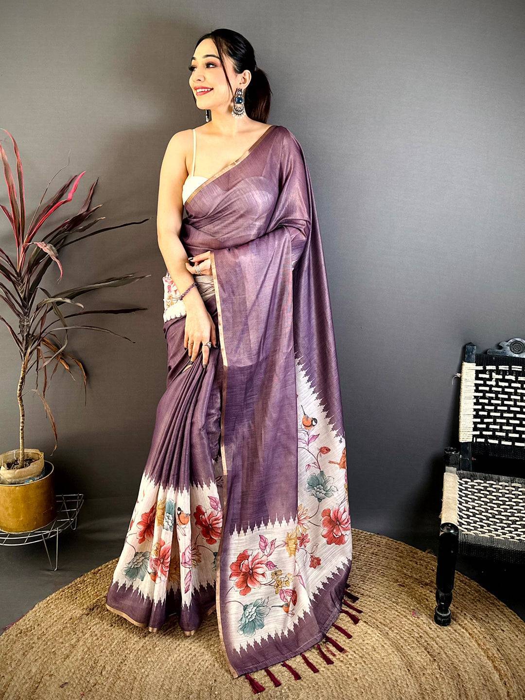Purple Floral Ikat Linen Chanderi Saree
