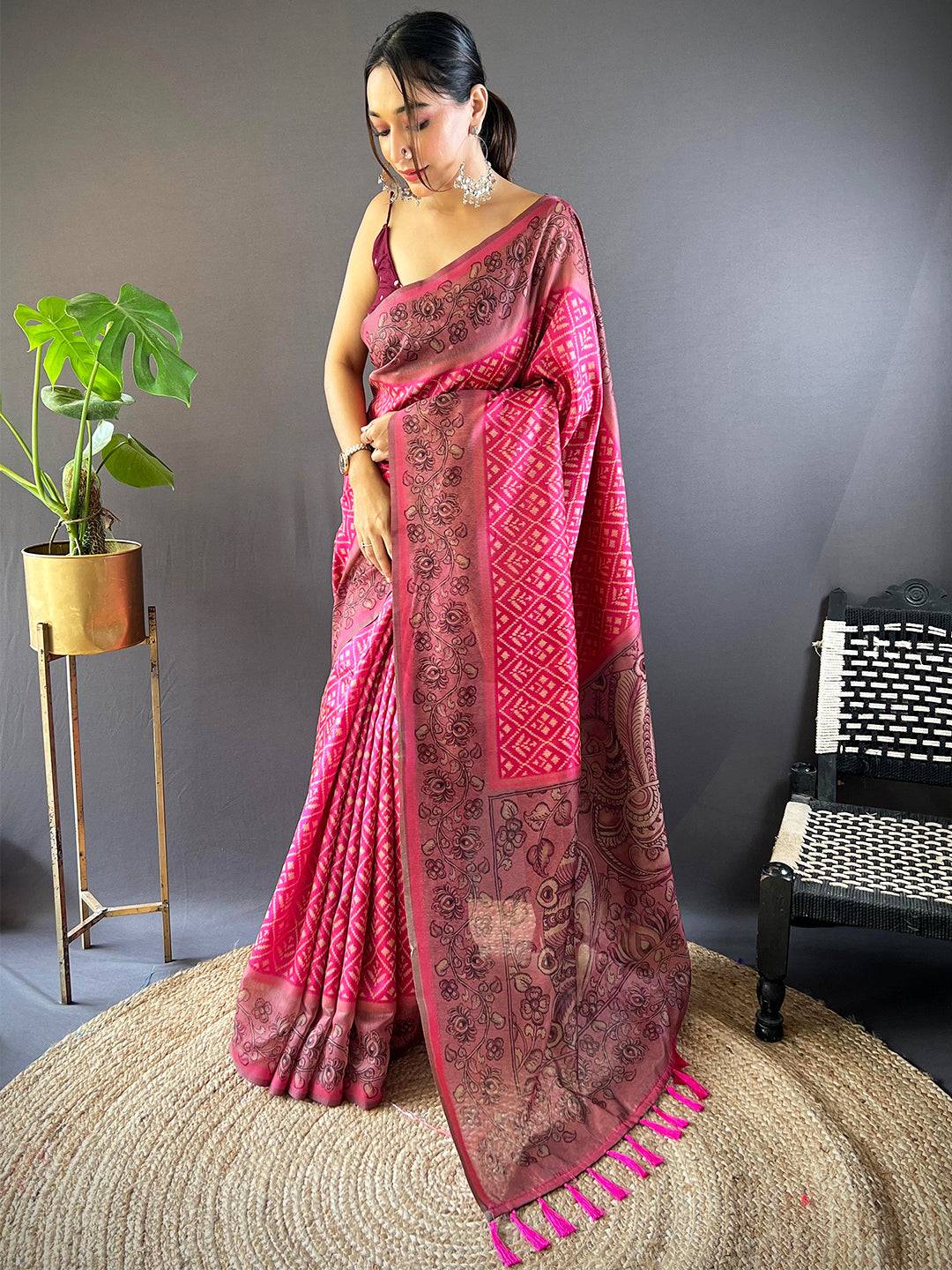 Rose Pink Patola Kalamkari Saree
