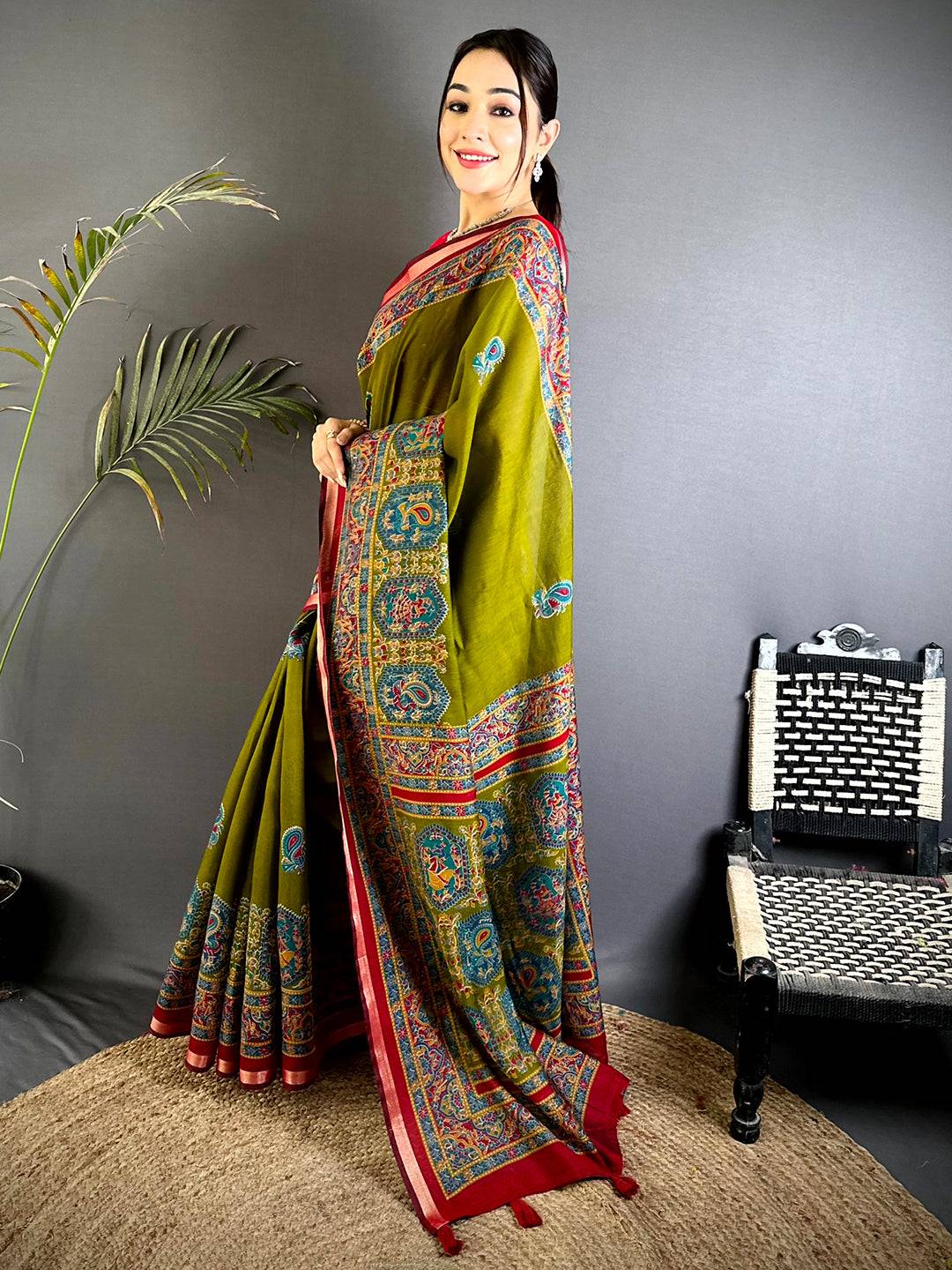 Green Kalamkari Pashmina Cotton Saree