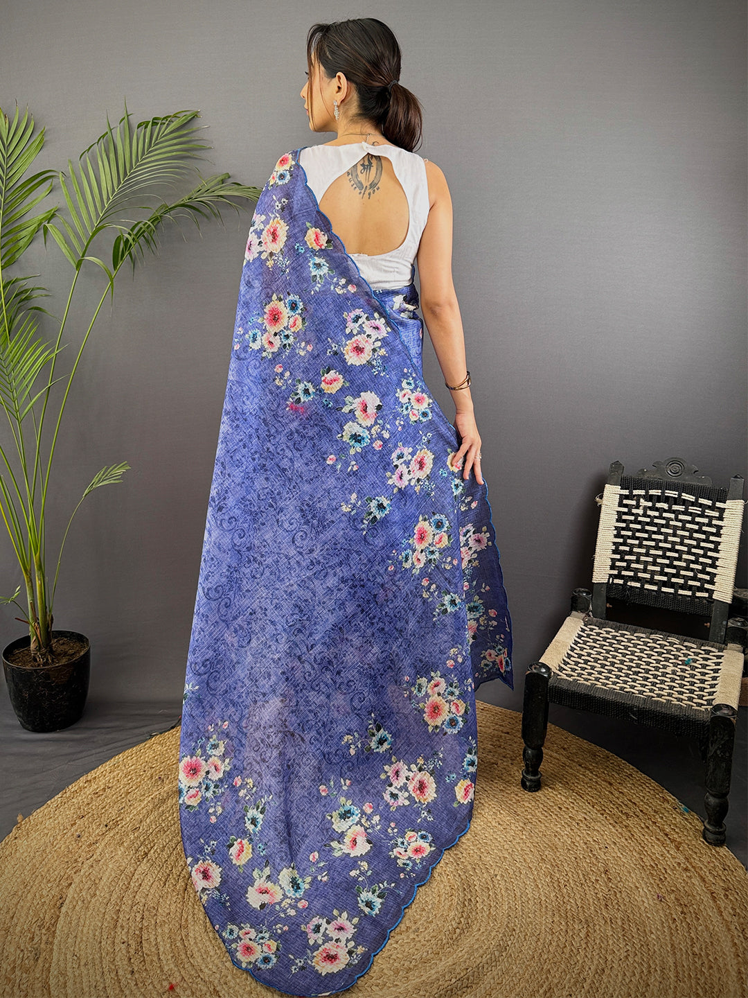Royal Blue Kota Floral Digital Cut Work Saree