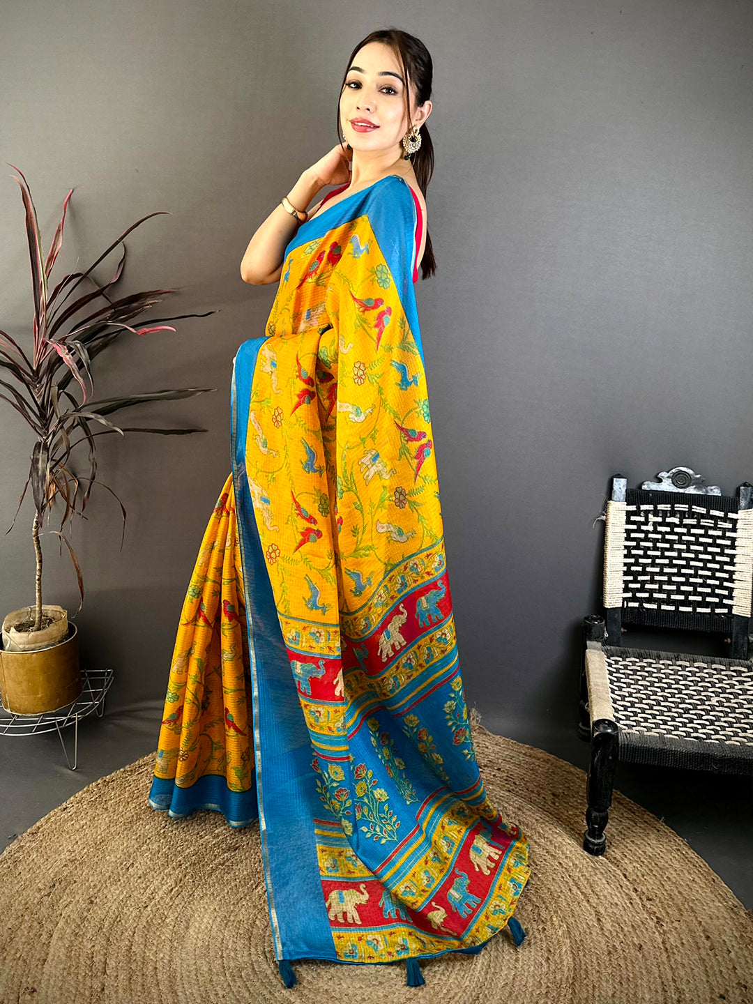 Mustard Kota Doriya Block Print Saree